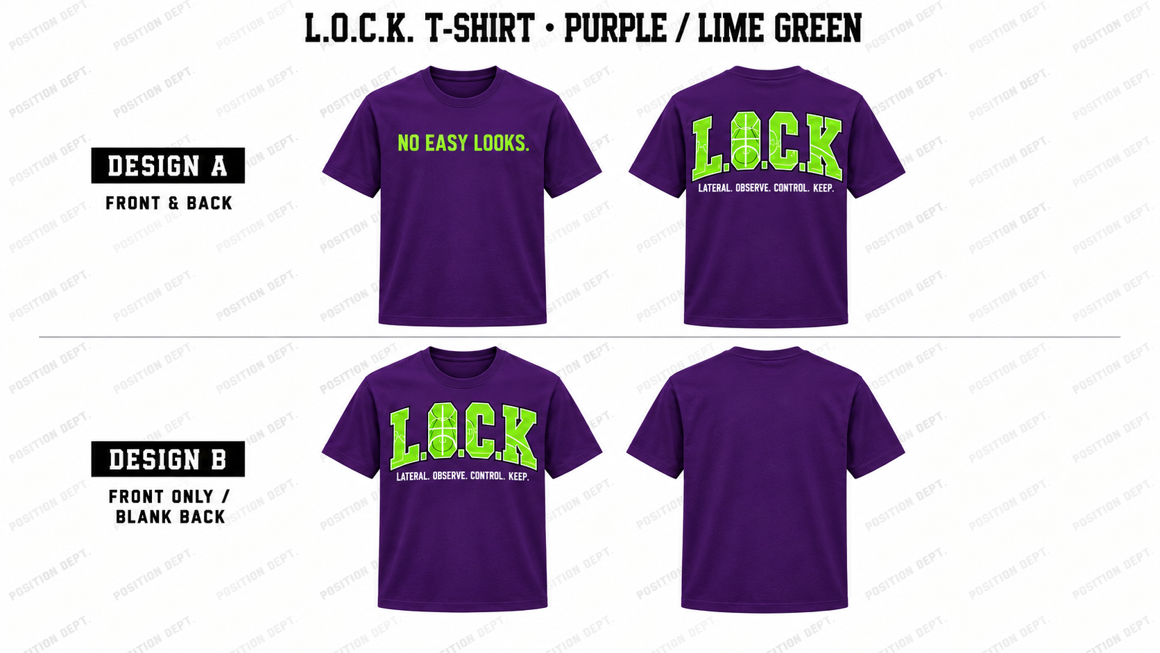 Position Dept. L.O.C.K. basketball T-shirt in Purple / Lime Green, Design A front and back and Design B front-only with blank back.