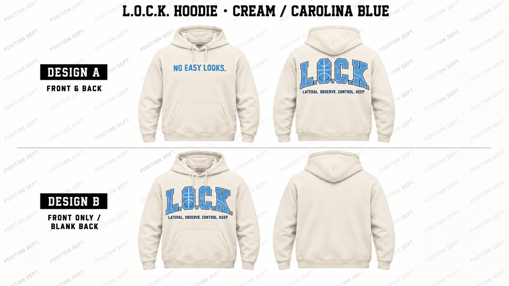 Position Dept. L.O.C.K. basketball hoodie in Cream / Carolina Blue, showing Front & Back and Front Only designs with basketball court lettering.