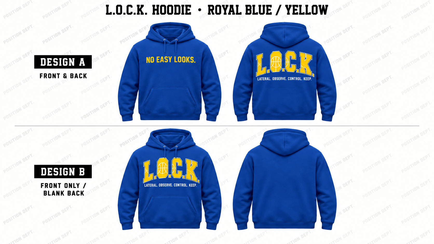 Position Dept. L.O.C.K. basketball hoodie in Royal Blue / Yellow, showing Front & Back and Front Only designs with basketball court lettering.
