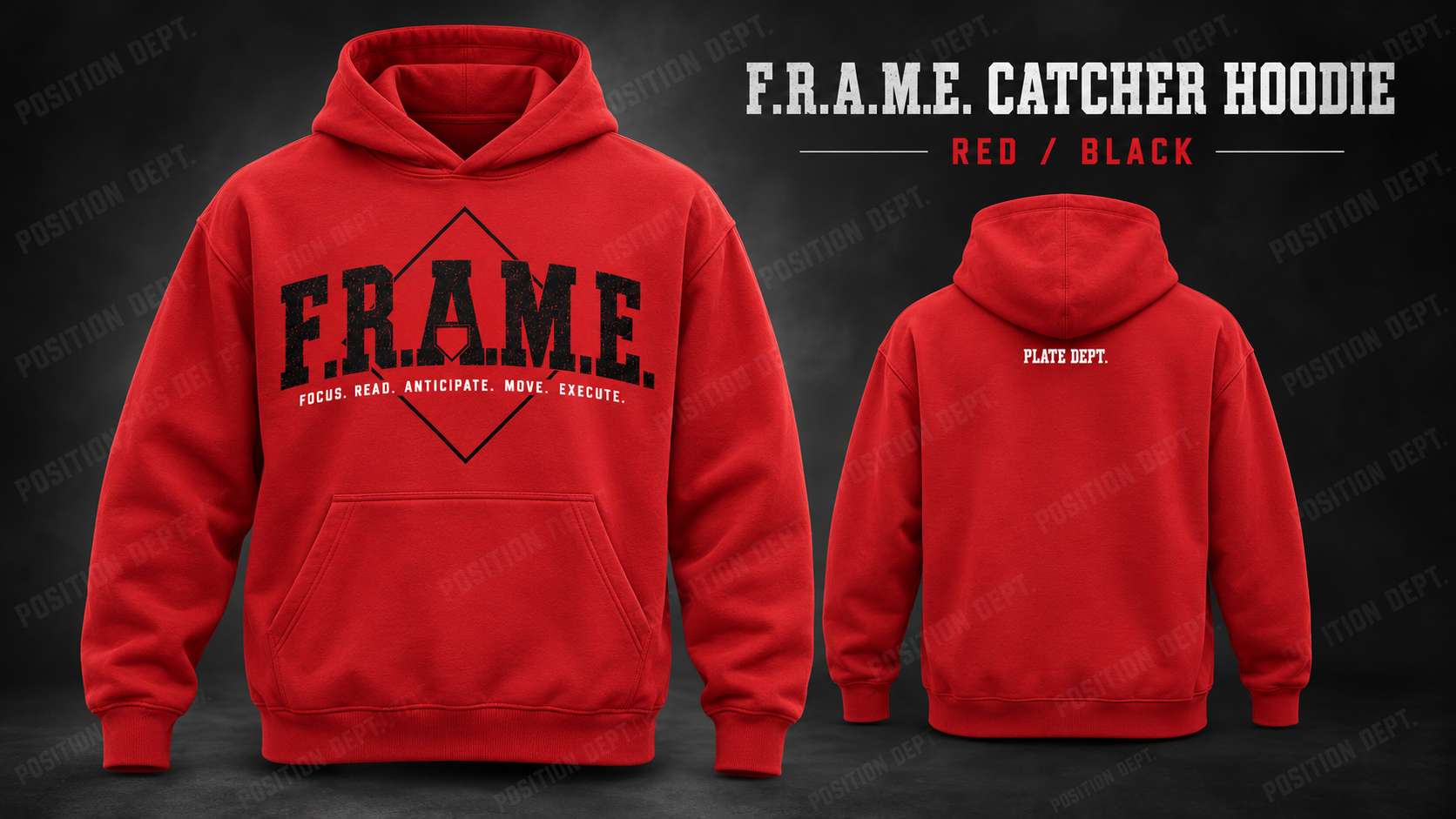 Position Dept. F.R.A.M.E. catcher hoodie in Red / Black, front and back views, baseball and softball leisure wear.