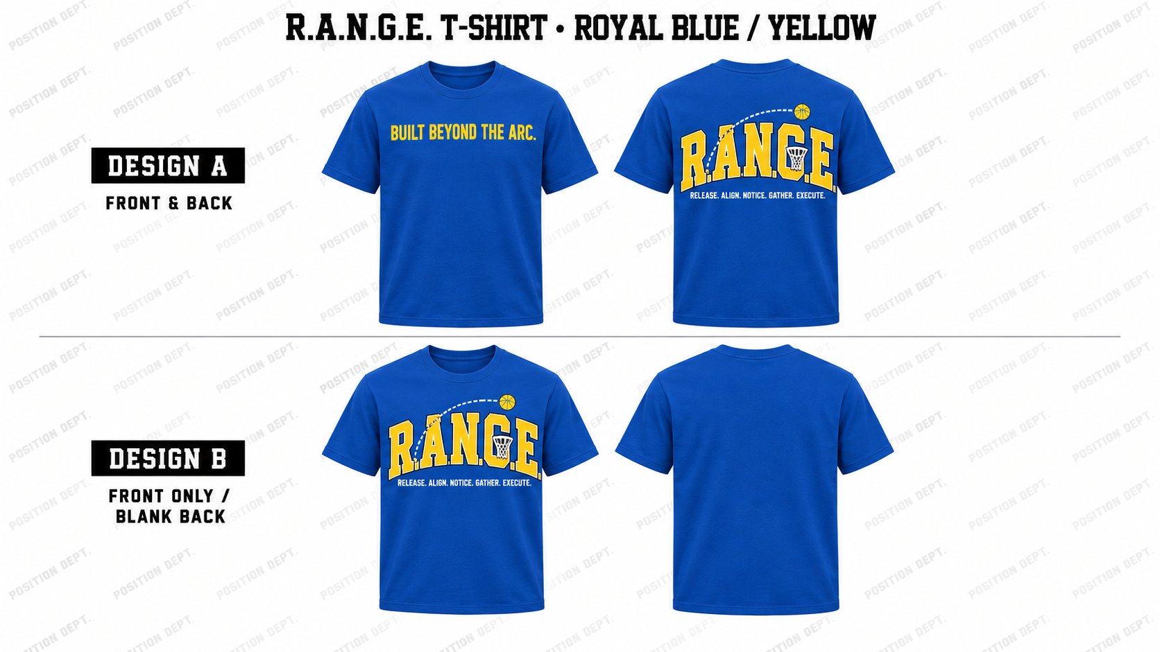 Position Dept. R.A.N.G.E. basketball T-shirt in Royal Blue / Yellow, Design A front and back and Design B front-only with blank back.