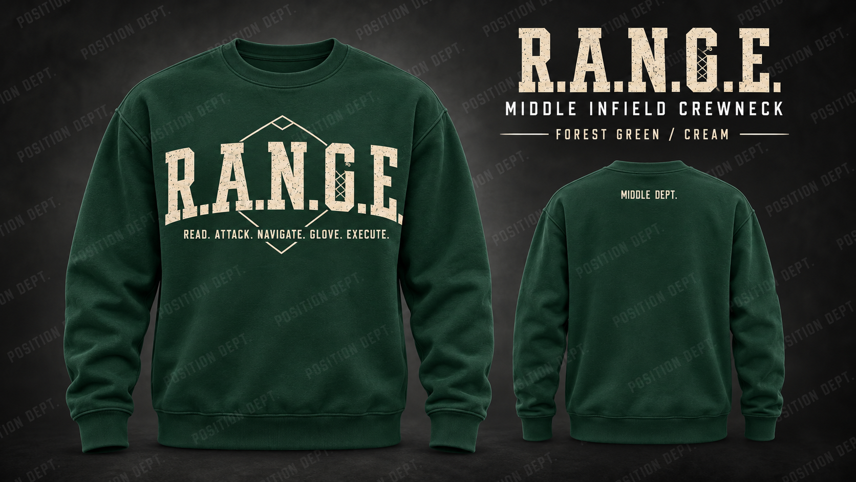 Position Dept. R.A.N.G.E. middle infield crewneck in Forest Green / Cream, front and back views, baseball and softball leisure wear.