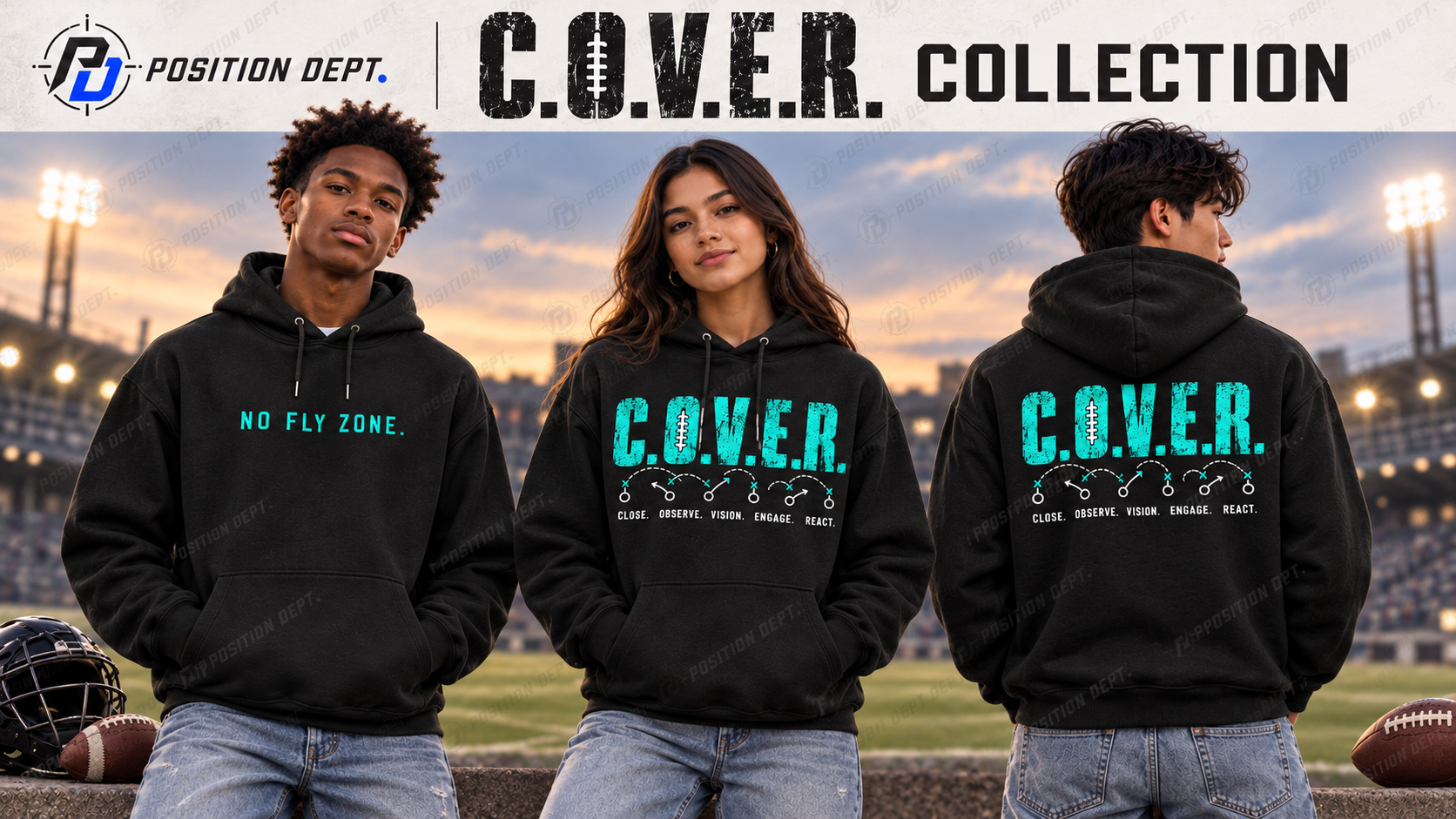 C.O.V.E.R. football hoodie collection in black and teal, showing front-only and front-and-back designs on leisure-wear models.