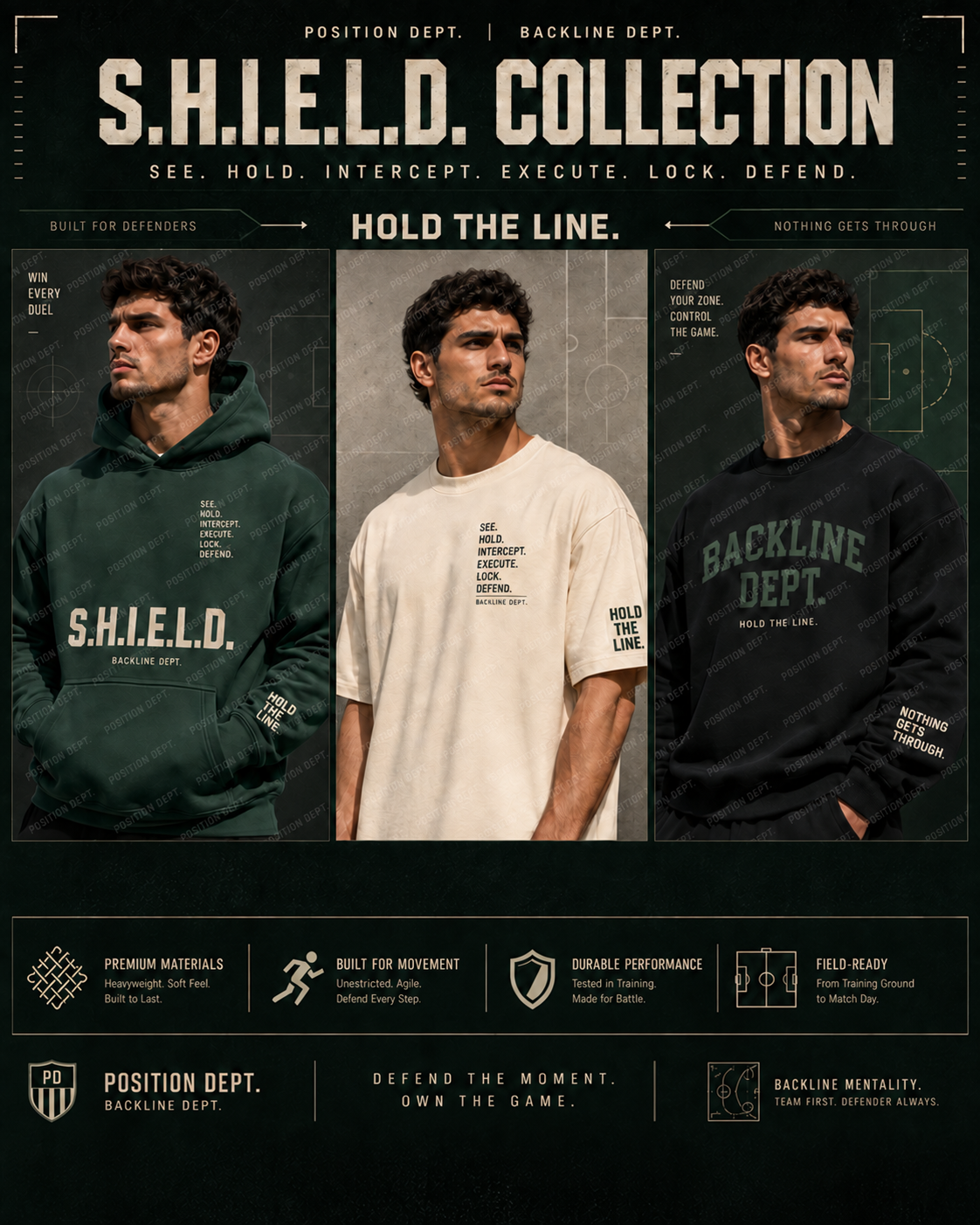 Classic S.H.I.E.L.D. defender collection board with hoodie, T-shirt, and crewneck; Position Dept. watermarked preview.