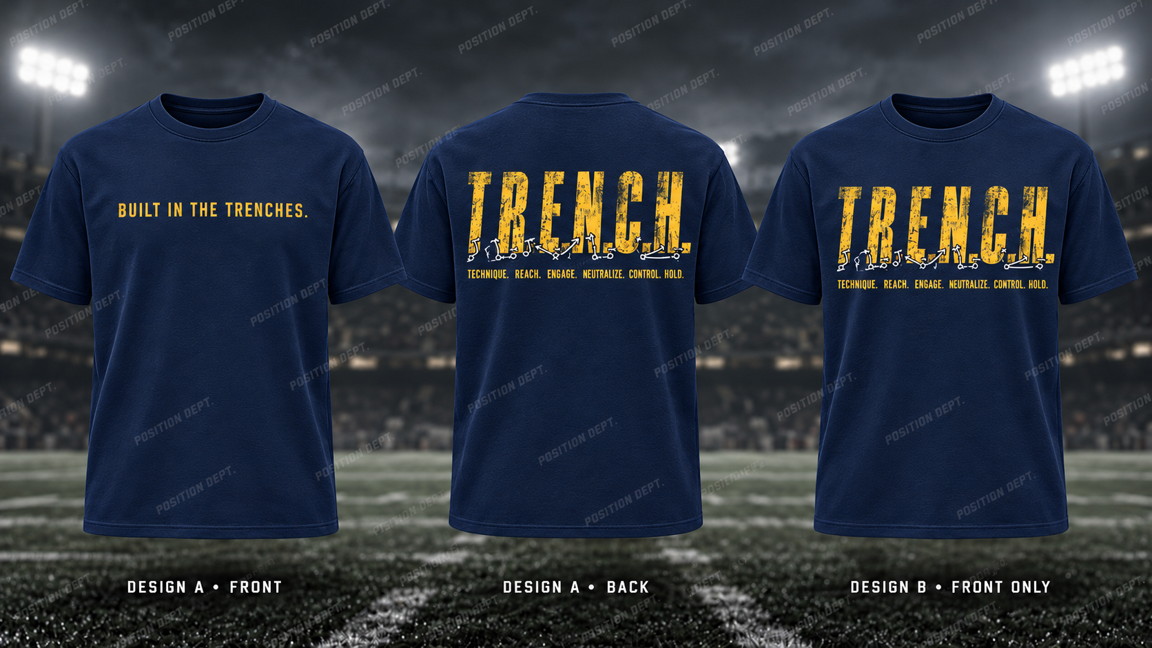 T.R.E.N.C.H. football T-shirt in Navy / Gold / Yellow. Design A slogan front and graphic back; Design B graphic front, blank back. Position Dept.