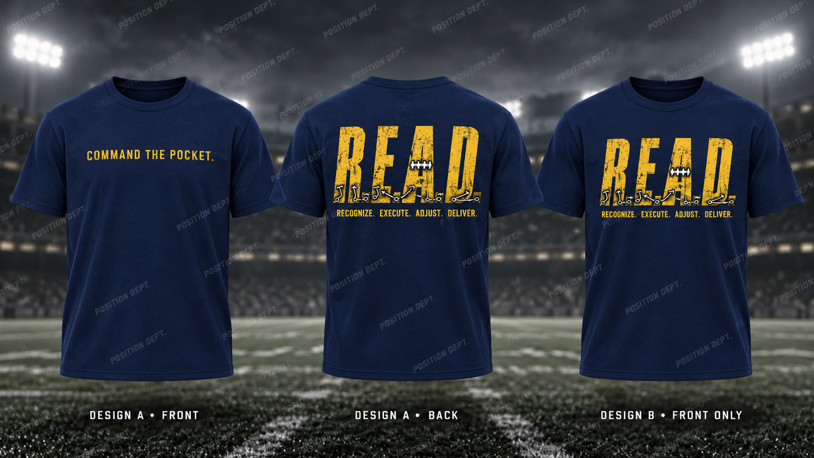 Position Dept. R.E.A.D. football T-shirt in Navy / Gold / Yellow. Design A slogan front and graphic back; Design B graphic front only with blank back.