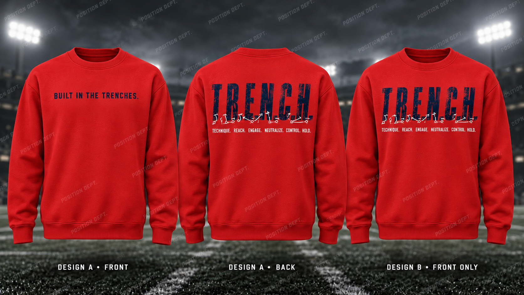 T.R.E.N.C.H. football crewneck in USA Red / White / Blue. Design A slogan front and graphic back; Design B graphic front, blank back. Position Dept.