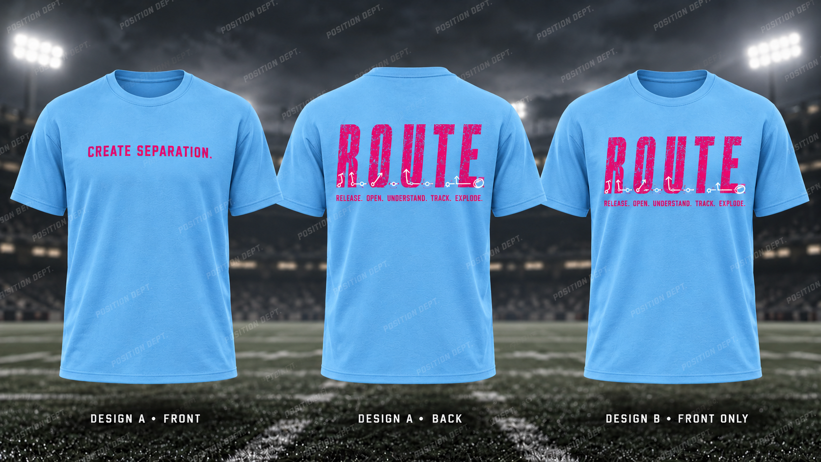 R.O.U.T.E. football T-shirt in Sky Blue / Hot Pink. Design A slogan front and graphic back; Design B graphic front, blank back. Position Dept.