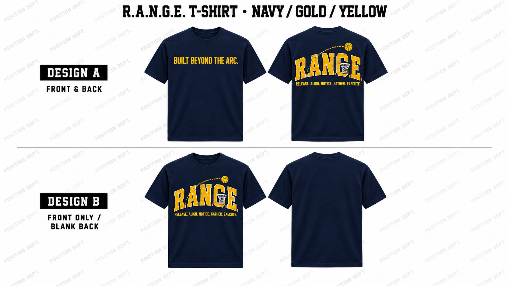 Position Dept. R.A.N.G.E. basketball T-shirt in Navy / Gold / Yellow, Design A front and back and Design B front-only with blank back.