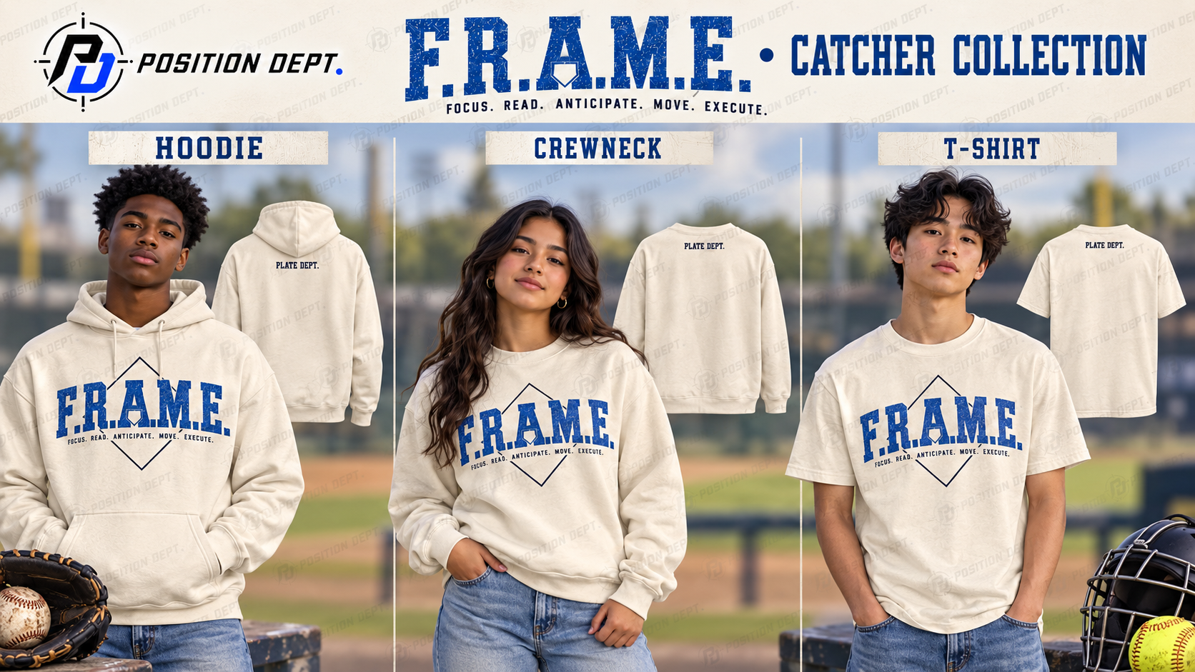 F.R.A.M.E. catcher baseball and softball collection: diverse teen models in cream and Carolina blue hoodies, crewnecks and T-shirts with front and back views.