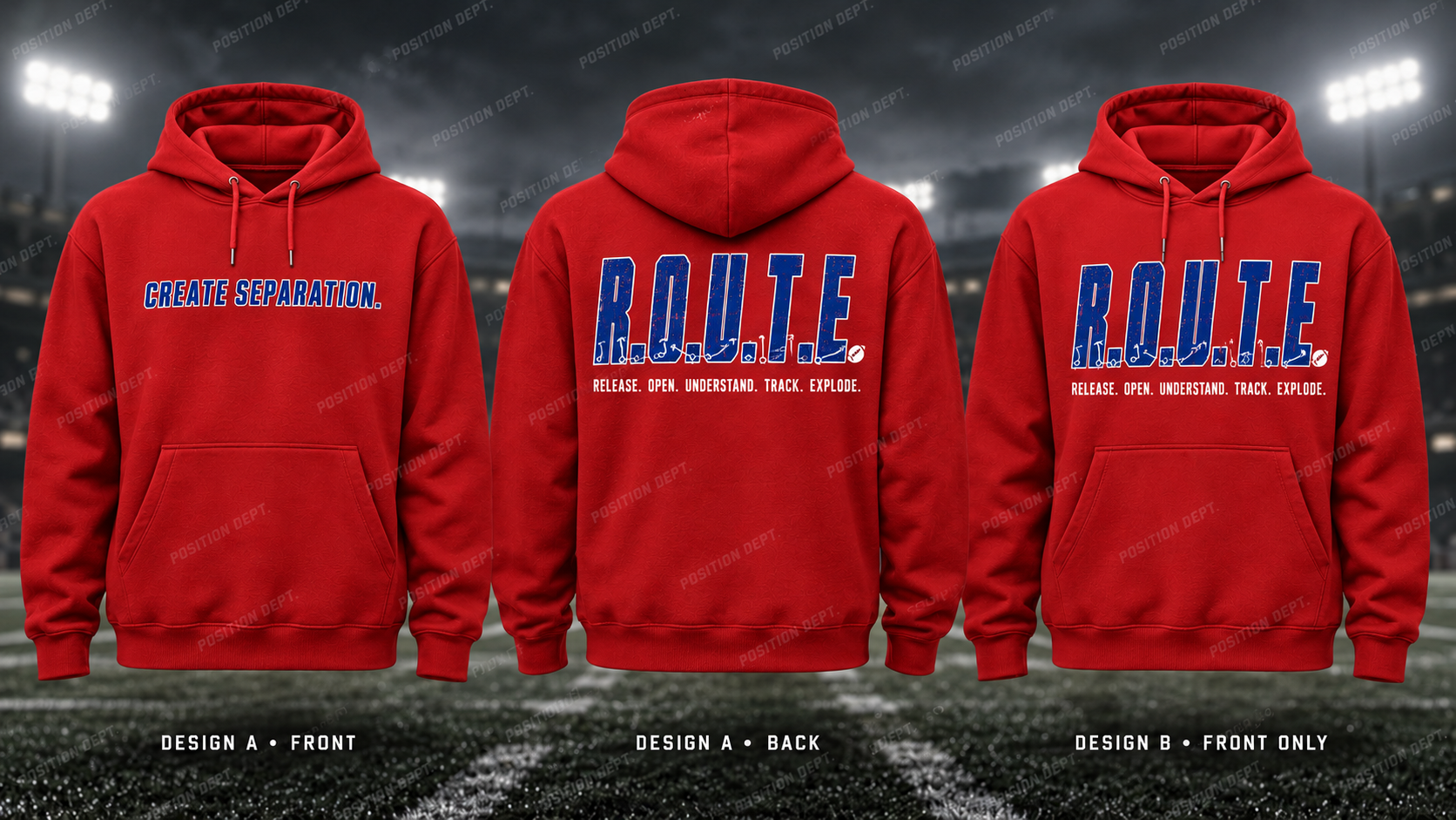 R.O.U.T.E. football hoodie in USA Red / White / Blue, showing Design A slogan front and letter back, plus Design B front-only artwork.