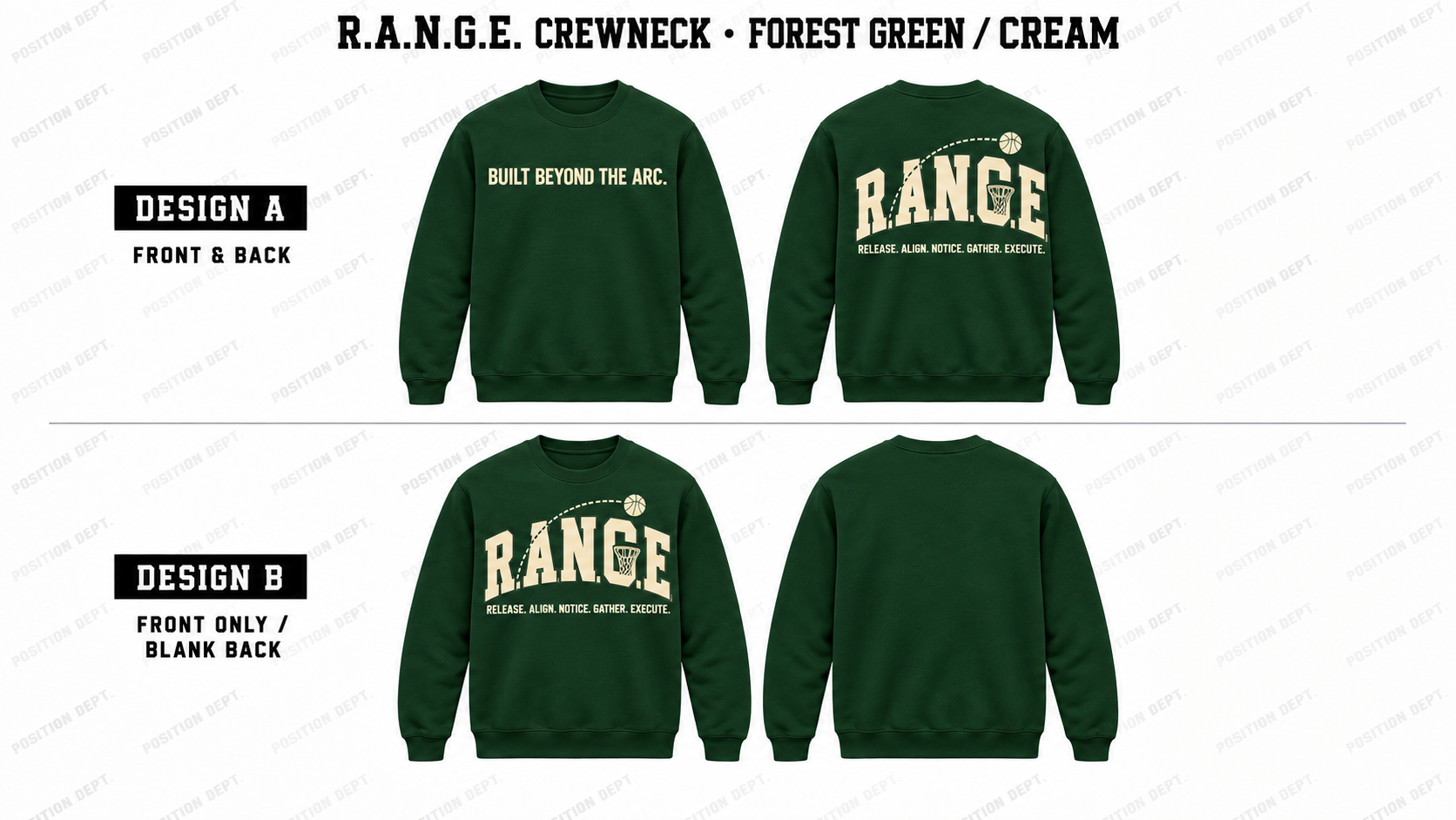 Position Dept. R.A.N.G.E. basketball crewneck in Forest Green / Cream, Design A front and back and Design B front-only with blank back.