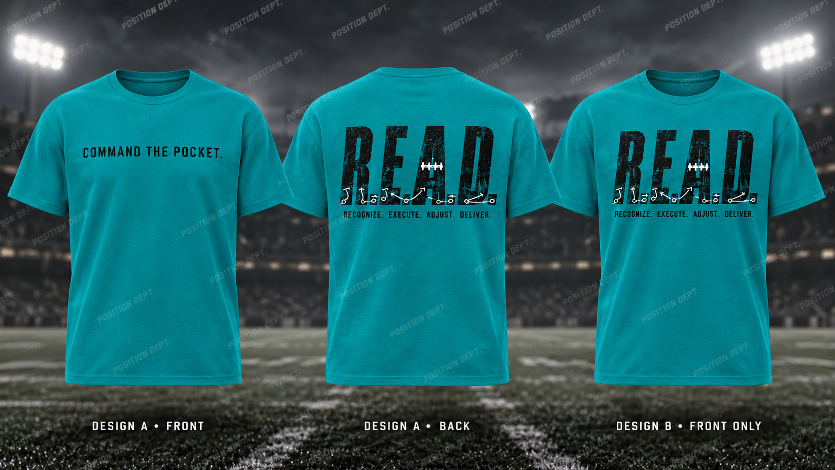 Position Dept. R.E.A.D. football T-shirt in Teal / Black. Design A slogan front and graphic back; Design B graphic front only with blank back.