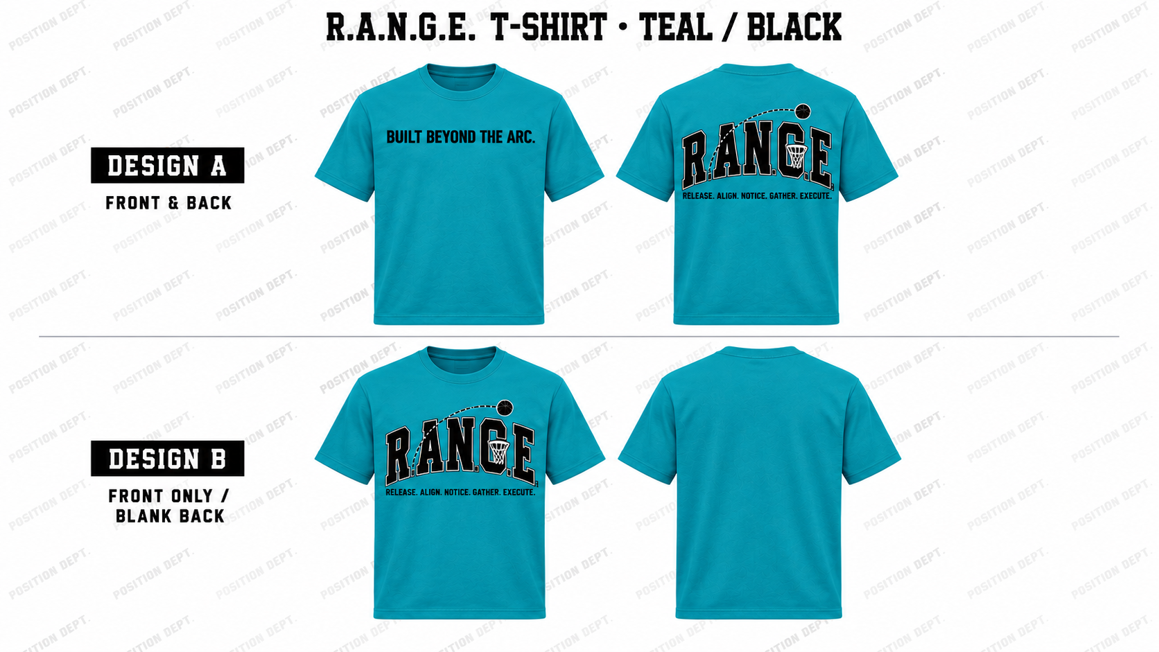 Position Dept. R.A.N.G.E. basketball T-shirt in Teal / Black, Design A front and back and Design B front-only with blank back.