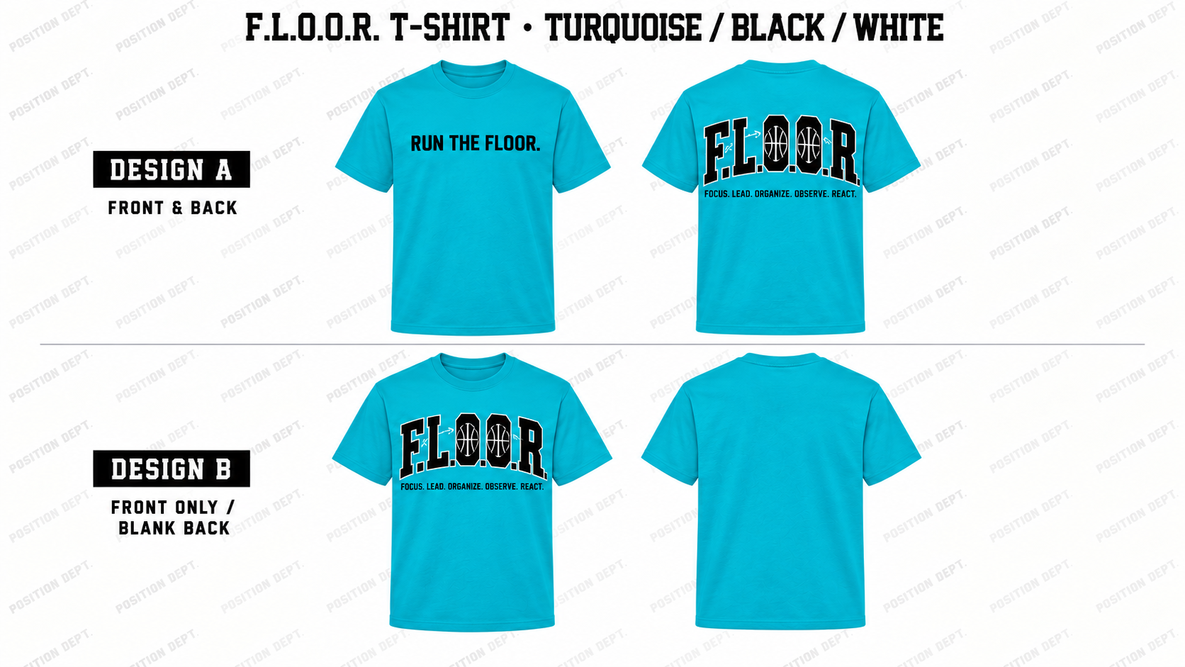 Position Dept. F.L.O.O.R. basketball T-shirt in Turquoise / Black / White, Design A front and back and Design B front-only with blank back.