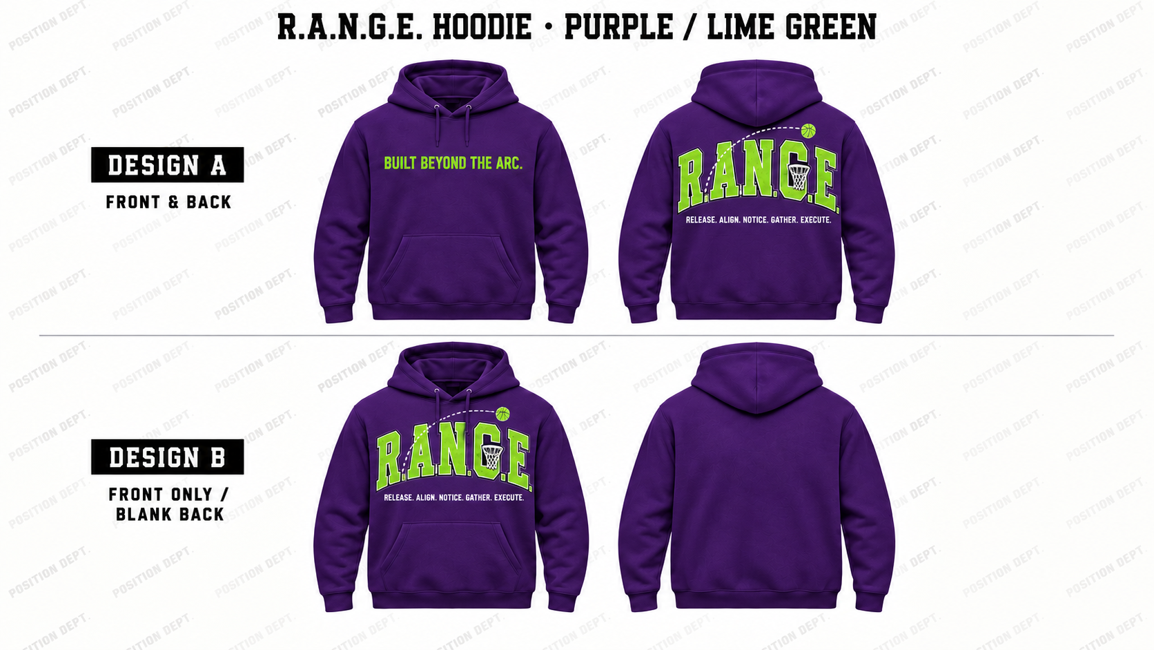 Position Dept. R.A.N.G.E. basketball hoodie in Purple / Lime Green, showing Front & Back and Front Only designs with basketball arc and net details.