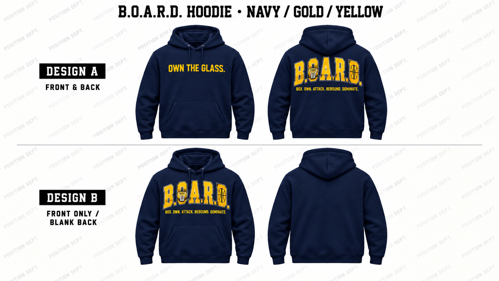 Position Dept. B.O.A.R.D. basketball hoodie in Navy / Gold / Yellow, showing Front & Back and Front Only designs with basketball rim and net lettering.