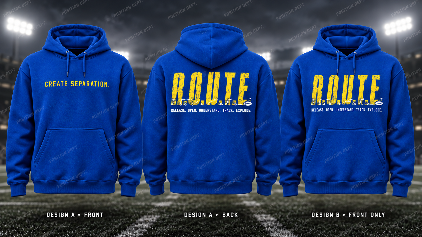 R.O.U.T.E. football hoodie in Royal Blue / Yellow, showing Design A slogan front and letter back, plus Design B front-only artwork.