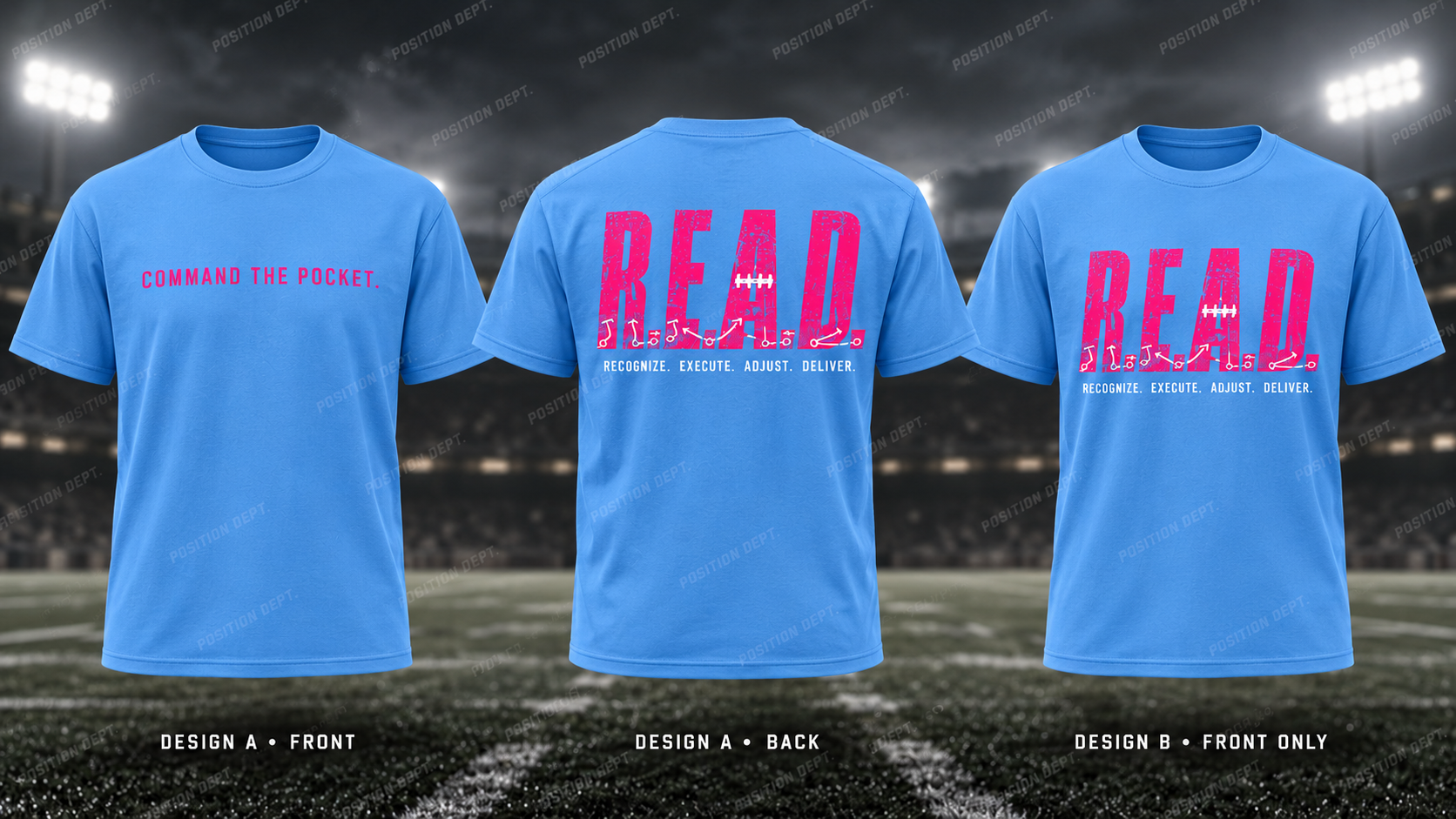 Position Dept. R.E.A.D. football T-shirt in Sky Blue / Hot Pink. Design A slogan front and graphic back; Design B graphic front only with blank back.