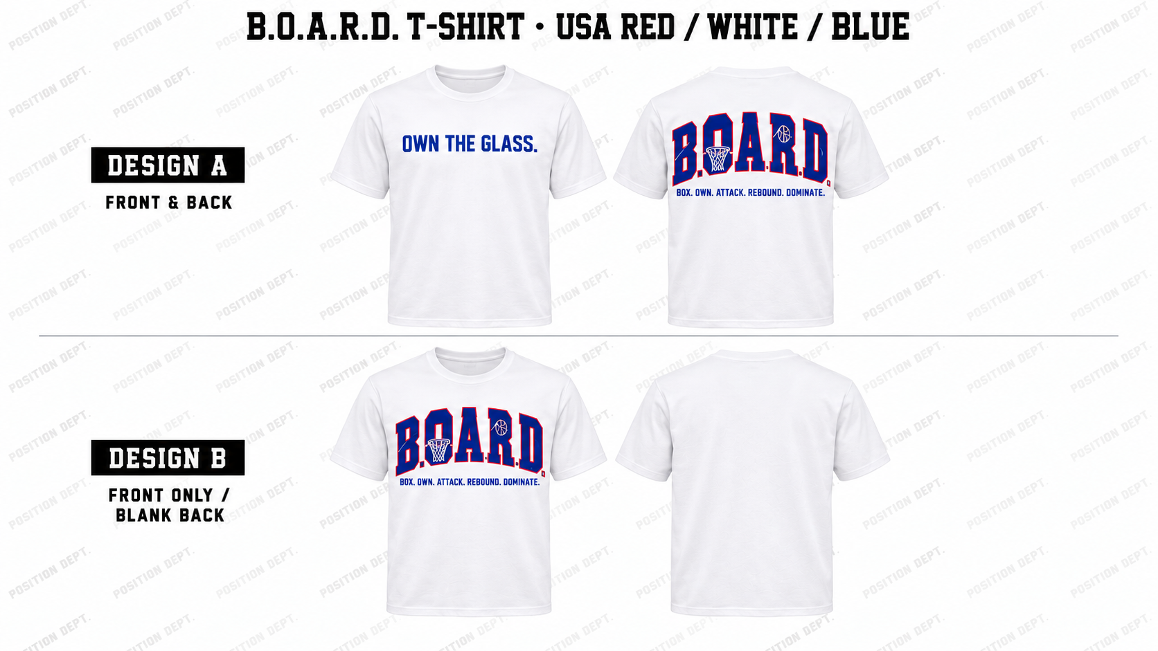 Position Dept. B.O.A.R.D. basketball T-shirt in USA Red / White / Blue, Design A front and back and Design B front-only with blank back.