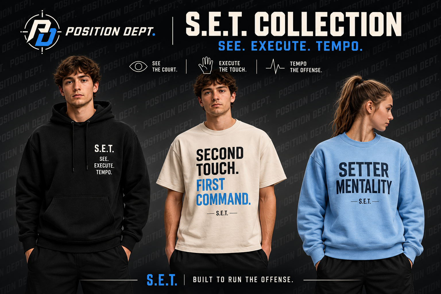 S.E.T. setter collection board showing hoodie, T-shirt, and crewneck concepts in black, cream, and sky blue.