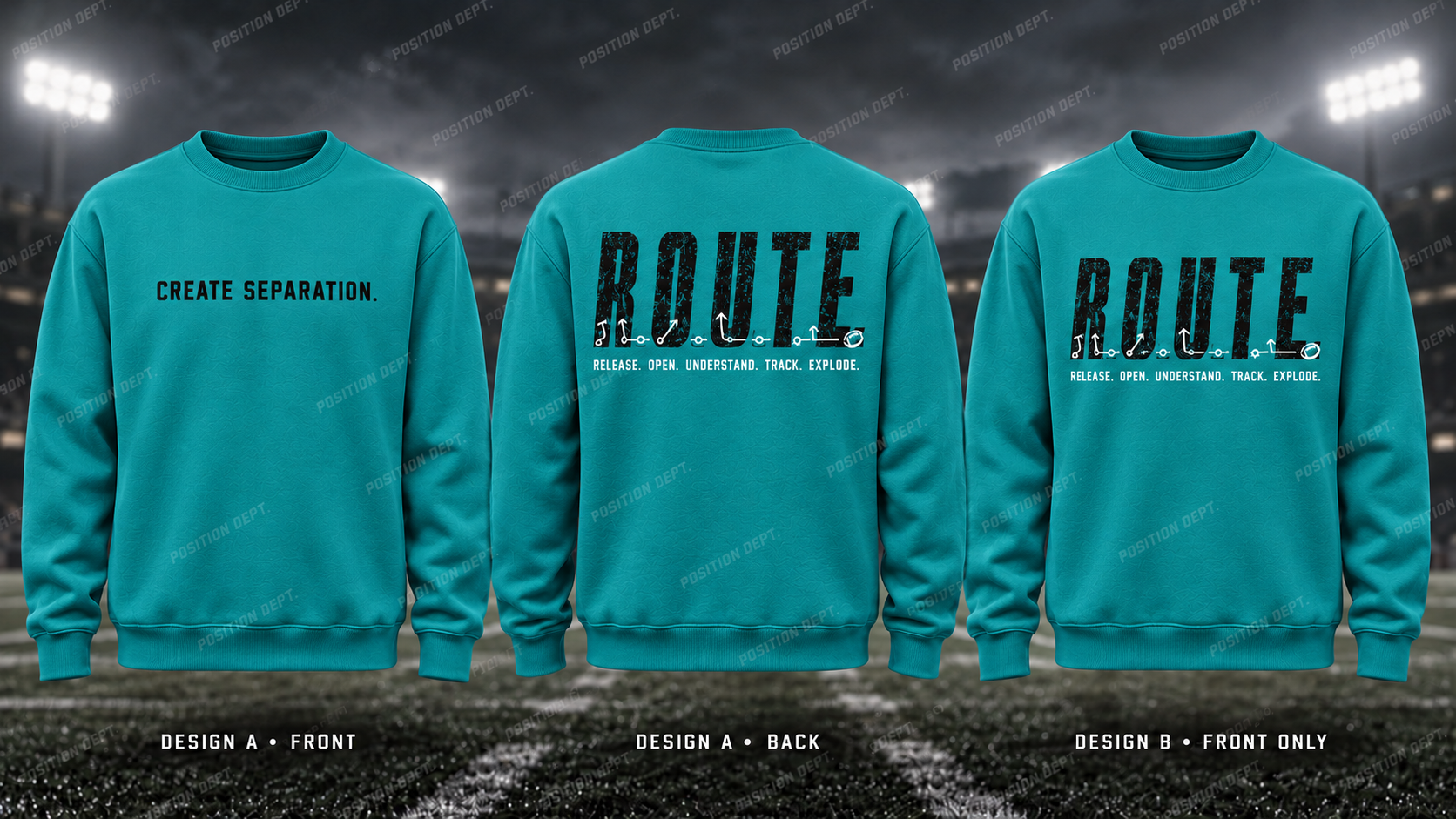 R.O.U.T.E. football crewneck in Teal / Black. Design A: slogan front, graphic back. Design B: graphic front, blank back. Position Dept.