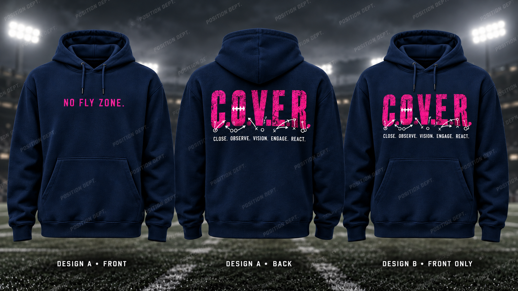 C.O.V.E.R. football hoodie in Navy / Hot Pink, showing Design A slogan front and letter back, plus Design B front-only artwork.