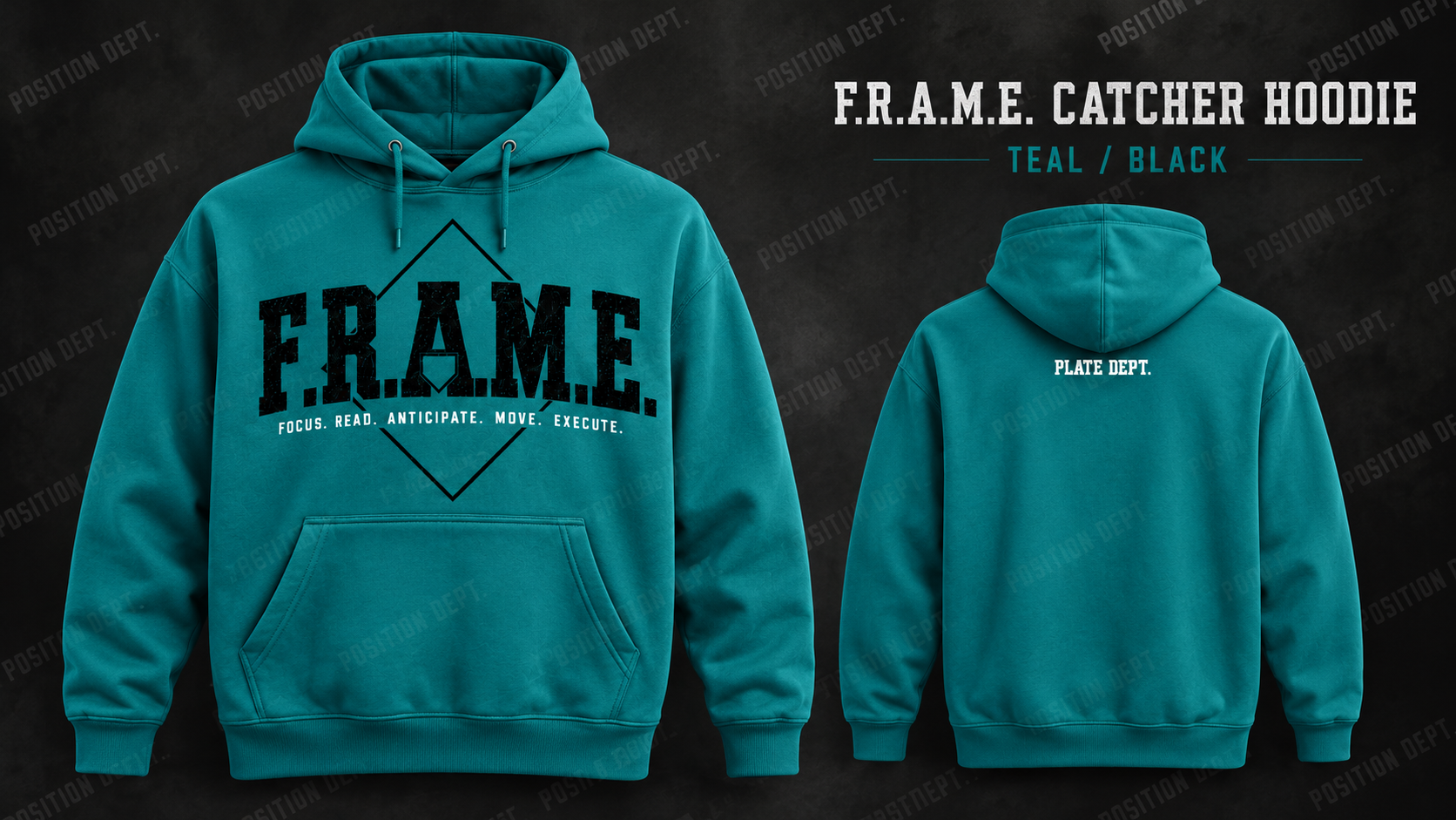 Position Dept. F.R.A.M.E. catcher hoodie in Teal / Black, front and back views, baseball and softball leisure wear.