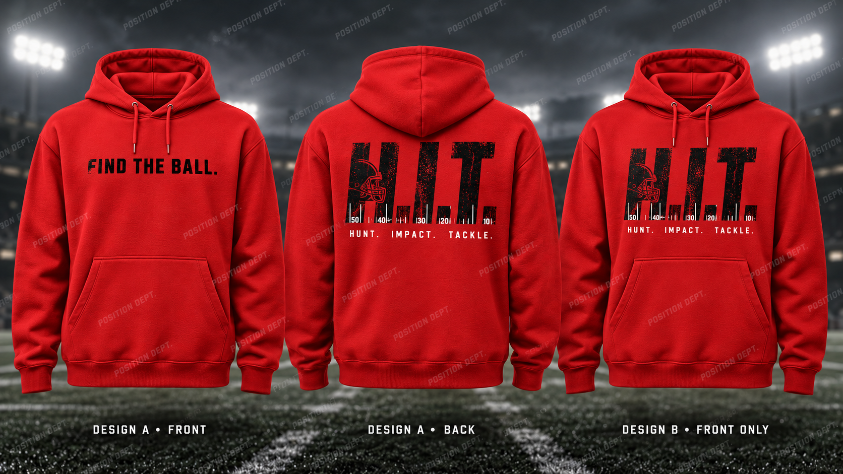 H.I.T. football hoodie in Red / Black, showing Design A slogan front and letter back, plus Design B front-only artwork.