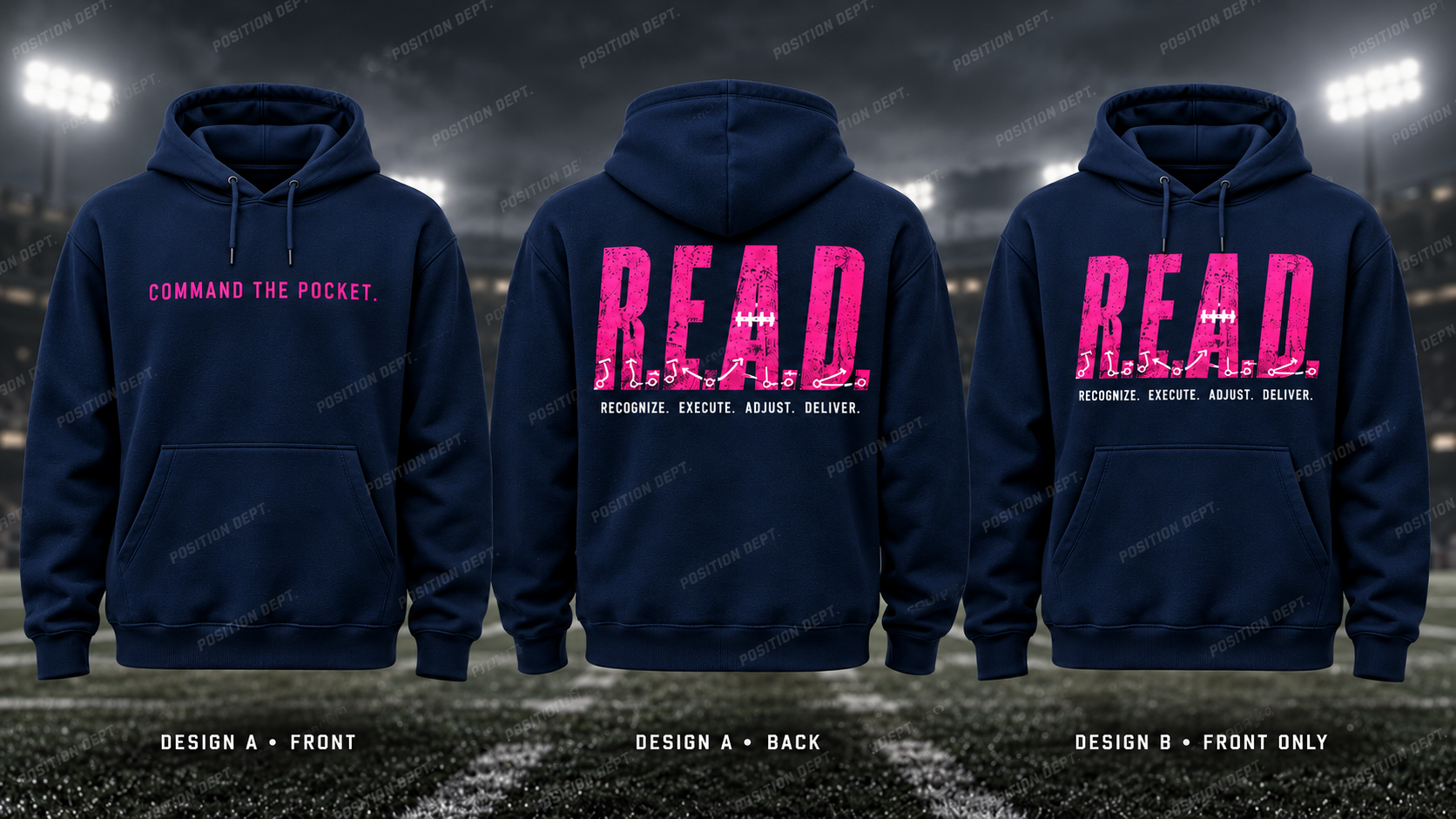 R.E.A.D. football hoodie in Navy / Hot Pink, showing Design A slogan front and letter back, plus Design B front-only artwork.