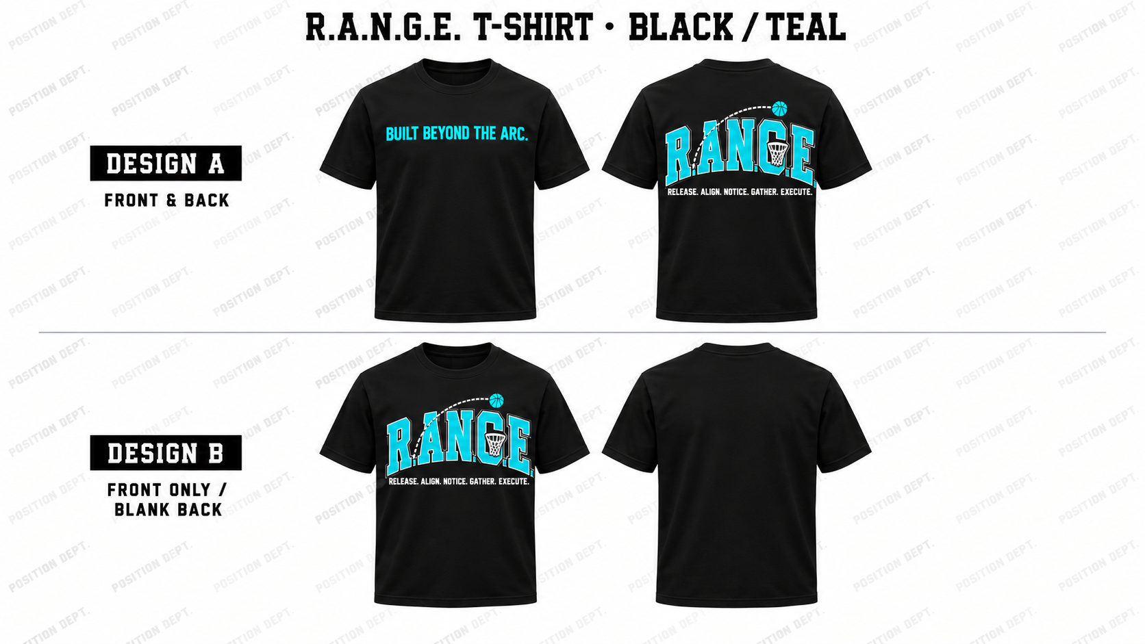 Position Dept. R.A.N.G.E. basketball T-shirt in Black / Teal, Design A front and back and Design B front-only with blank back.