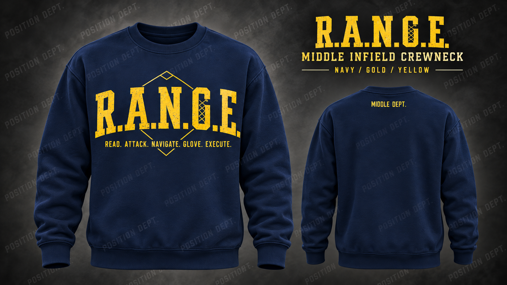 Position Dept. R.A.N.G.E. middle infield crewneck in Navy / Gold / Yellow, front and back views, baseball and softball leisure wear.