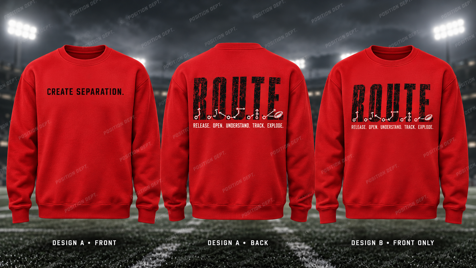 Position Dept. R.O.U.T.E. football crewneck in Red / Black. Design A slogan front and graphic back; Design B graphic front only with blank back.