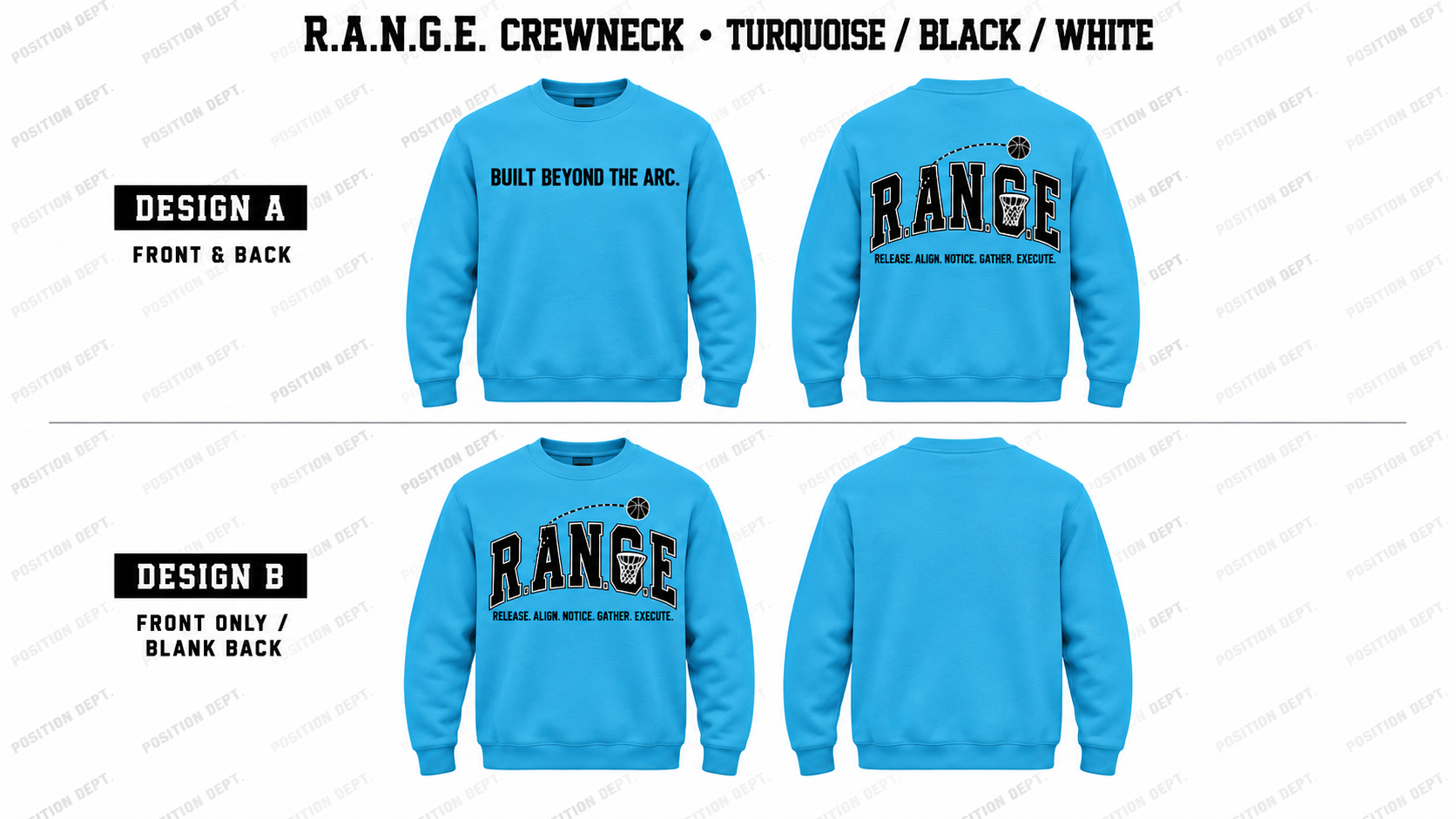 Position Dept. R.A.N.G.E. basketball crewneck in Turquoise / Black / White, Design A front and back and Design B front-only with blank back.
