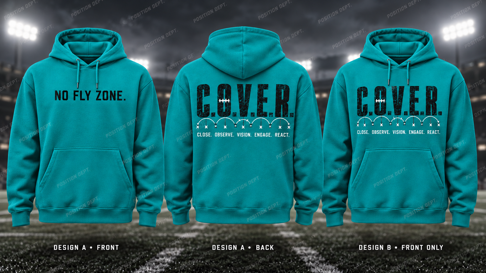 C.O.V.E.R. football hoodie in Teal / Black, showing Design A slogan front and letter back, plus Design B front-only artwork.