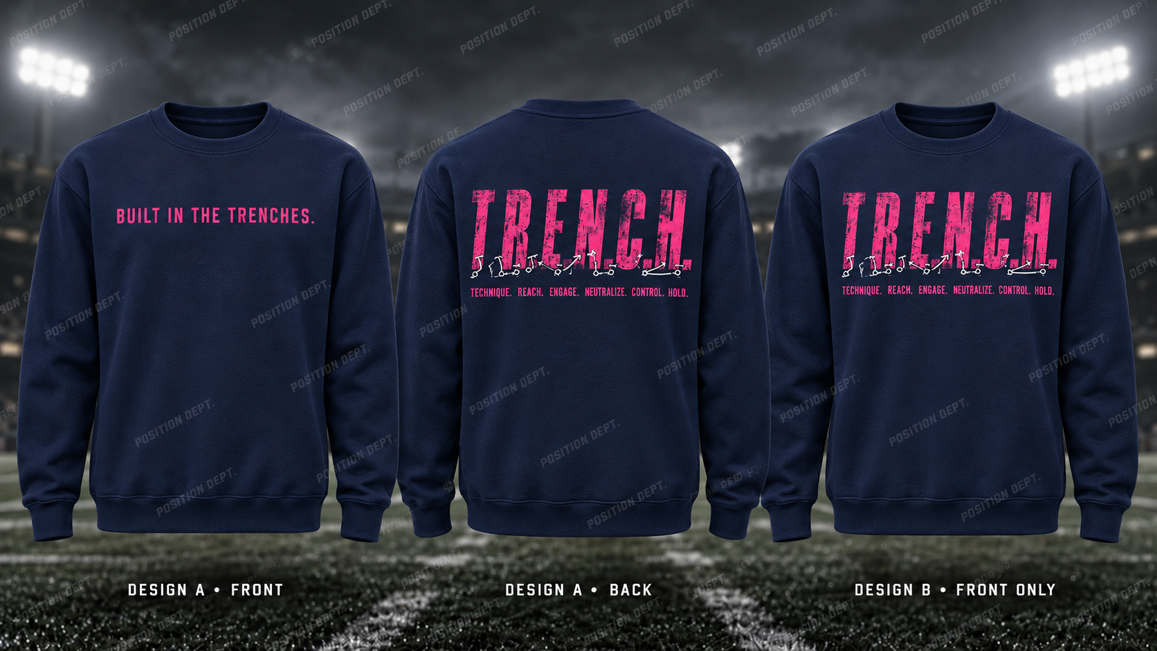 T.R.E.N.C.H. football crewneck in Navy / Hot Pink. Design A slogan front and graphic back; Design B graphic front, blank back. Position Dept.