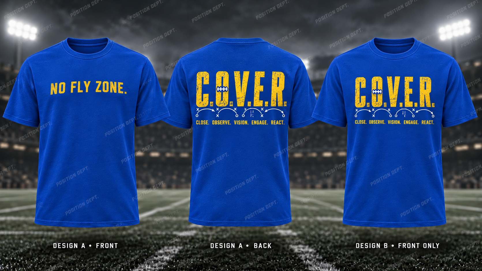 C.O.V.E.R. football T-shirt in Royal Blue / Yellow. Design A slogan front and graphic back; Design B graphic front, blank back. Position Dept.