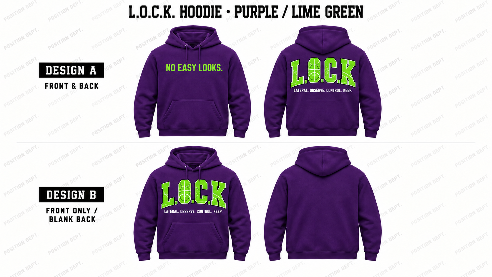 Position Dept. L.O.C.K. basketball hoodie in Purple / Lime Green, showing Front & Back and Front Only designs with basketball court lettering.