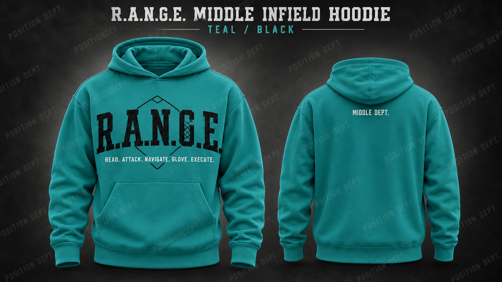 Position Dept. R.A.N.G.E. middle infield hoodie in Teal / Black, front and back views, baseball and softball leisure wear.
