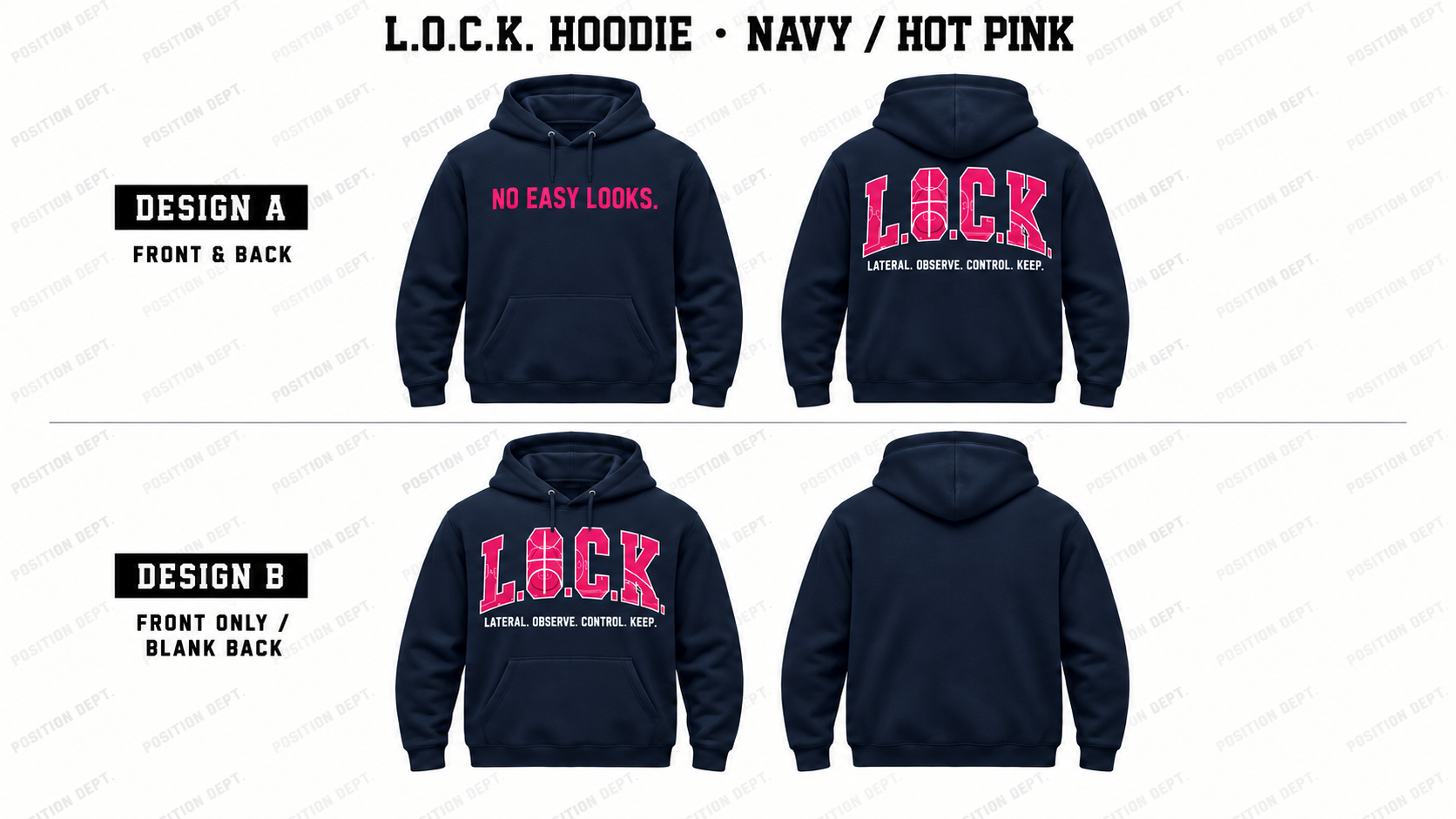 Position Dept. L.O.C.K. basketball hoodie in Navy / Hot Pink, showing Front & Back and Front Only designs with basketball court lettering.