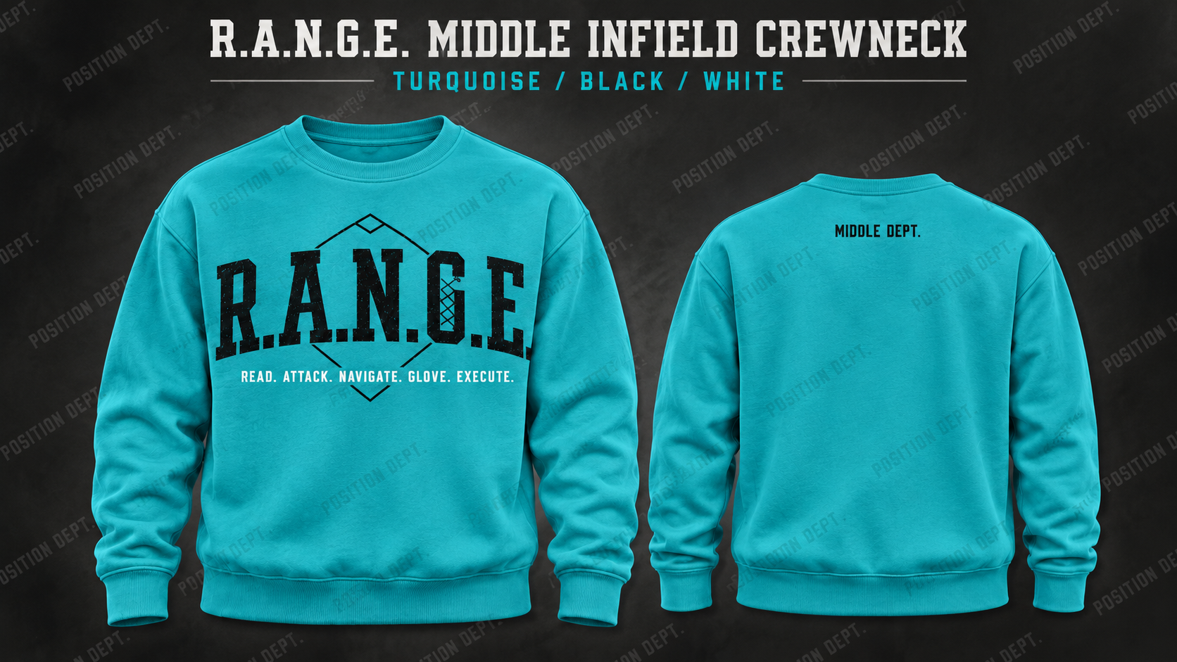 Position Dept. R.A.N.G.E. middle infield crewneck in Turquoise / Black / White, front and back views, baseball and softball leisure wear.
