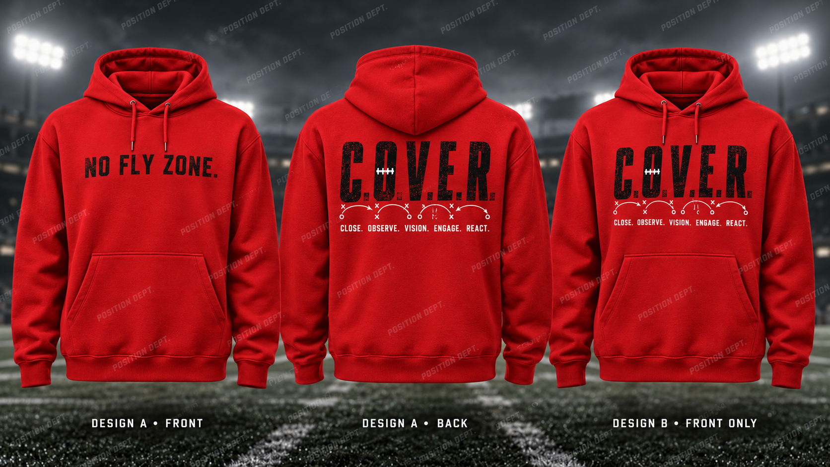 C.O.V.E.R. football hoodie in Red / Black, showing Design A slogan front and letter back, plus Design B front-only artwork.