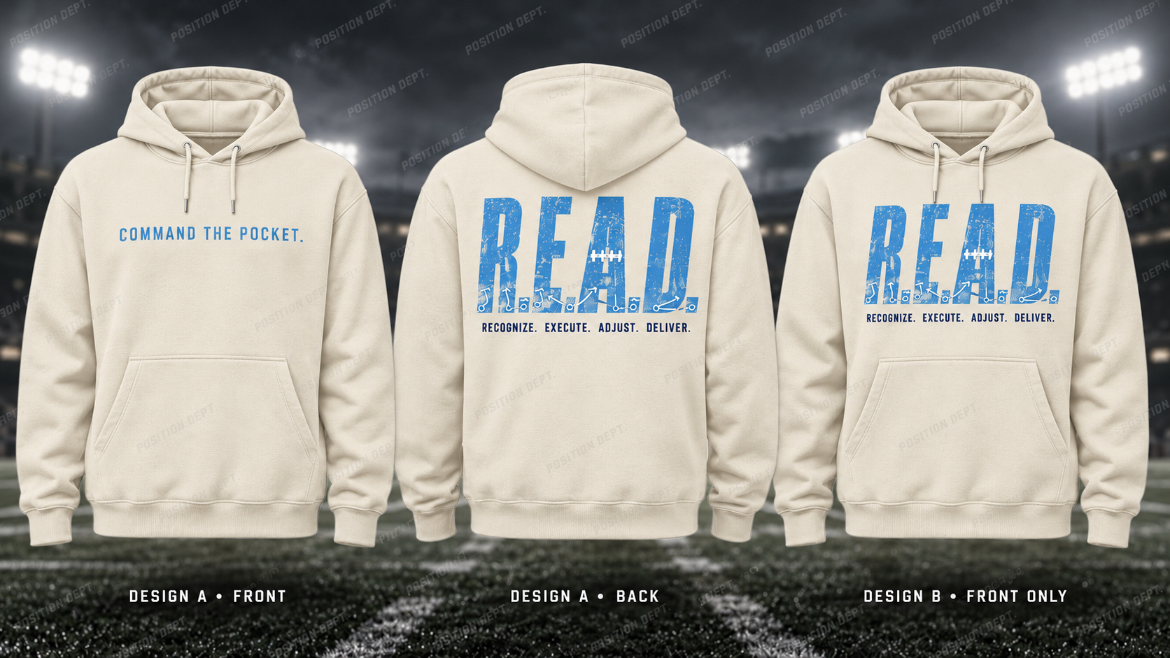 R.E.A.D. football hoodie in Cream / Carolina Blue, showing Design A slogan front and letter back, plus Design B front-only artwork.