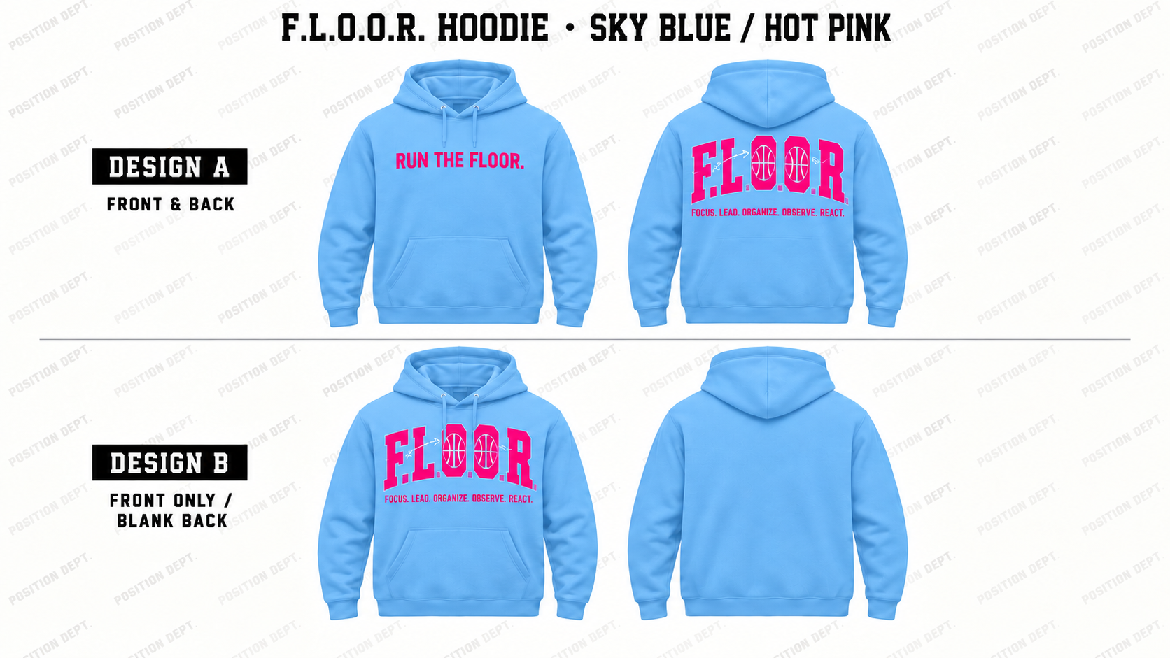 Position Dept. F.L.O.O.R. basketball hoodie in Sky Blue / Hot Pink, showing Front & Back and Front Only designs with basketball court and net details.