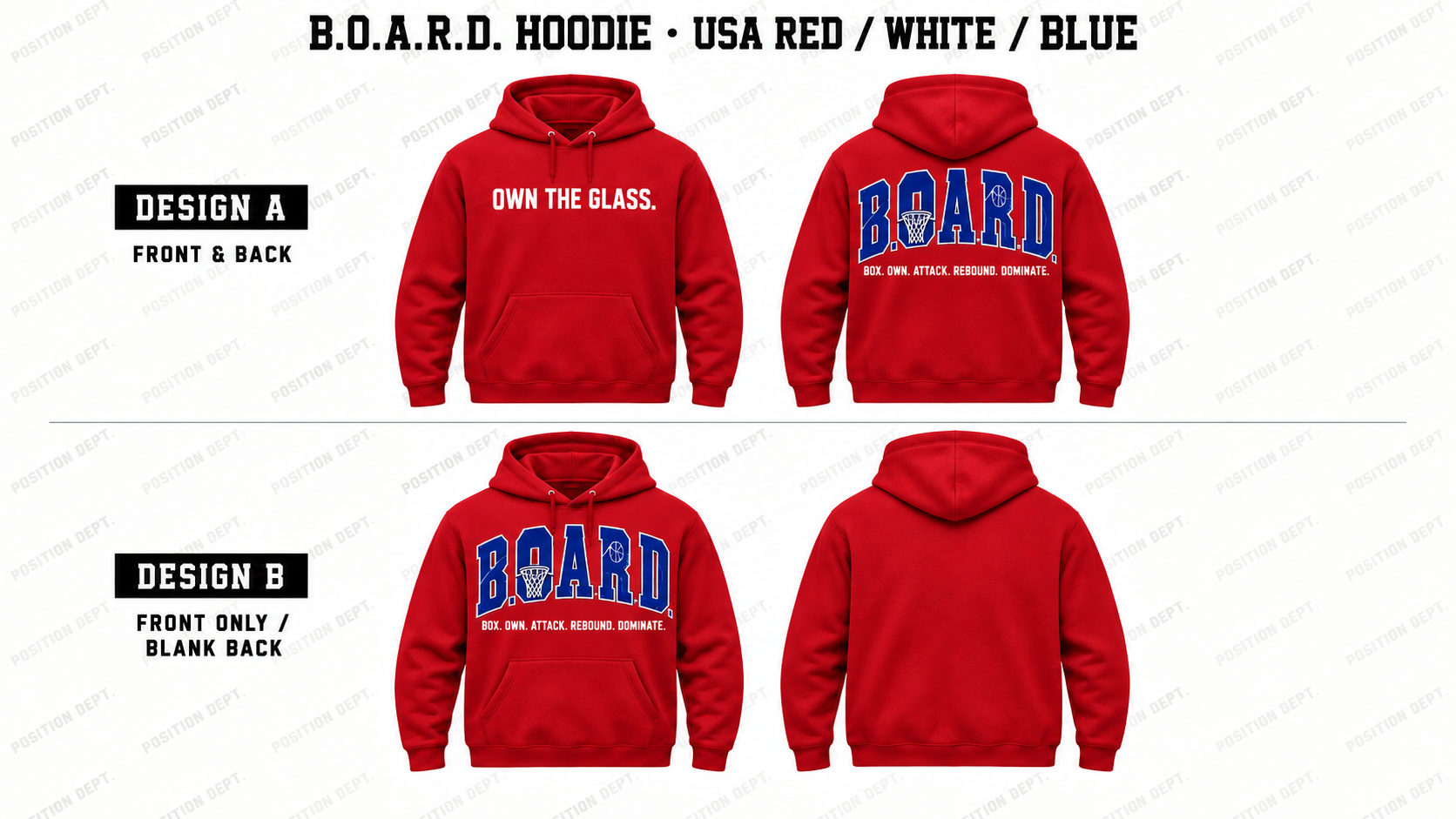 Position Dept. B.O.A.R.D. basketball hoodie in USA Red / White / Blue, showing Front & Back and Front Only designs with basketball rim and net lettering.