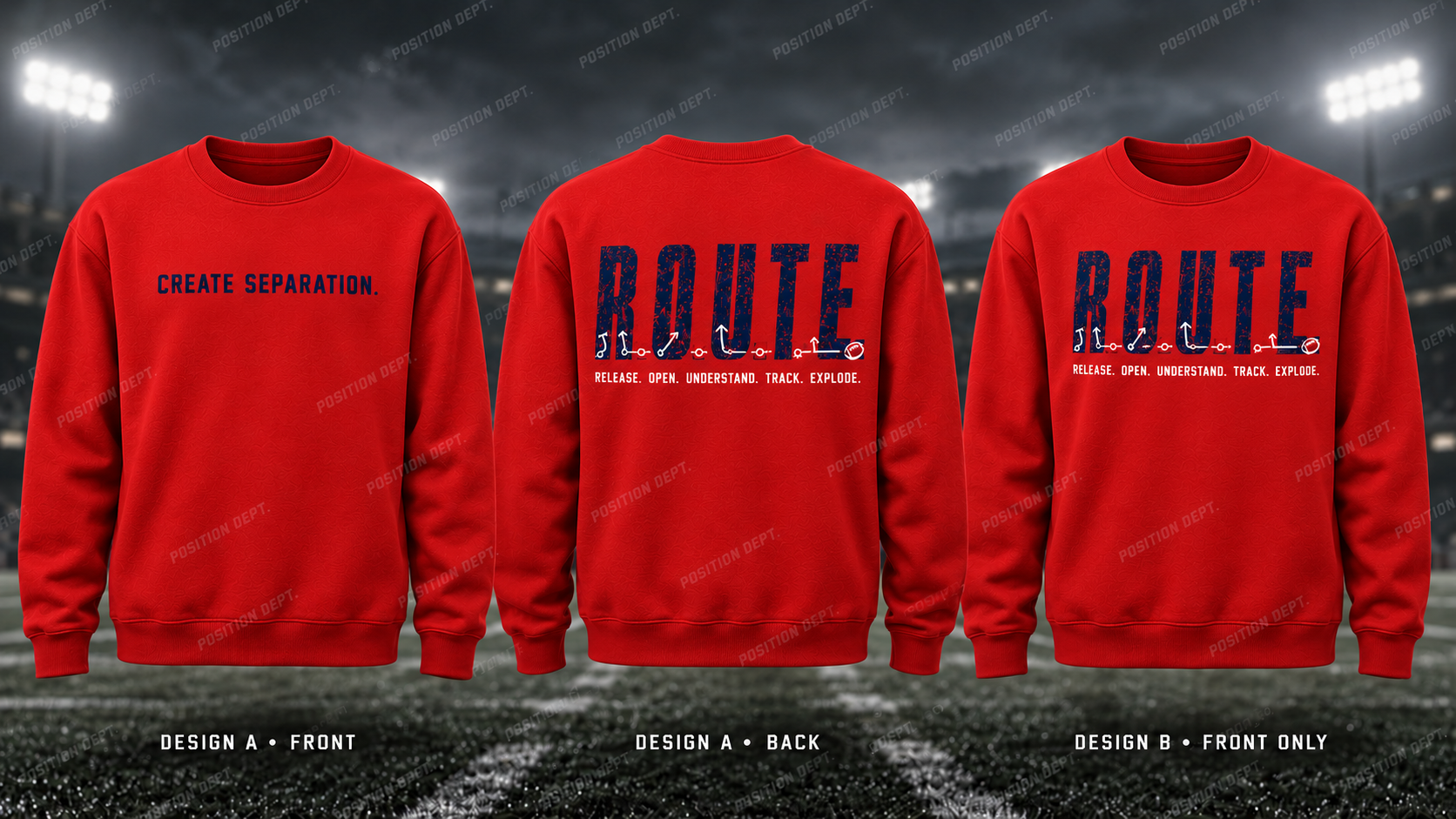 R.O.U.T.E. football crewneck in USA Red / White / Blue. Design A: slogan front, graphic back. Design B: graphic front, blank back. Position Dept.