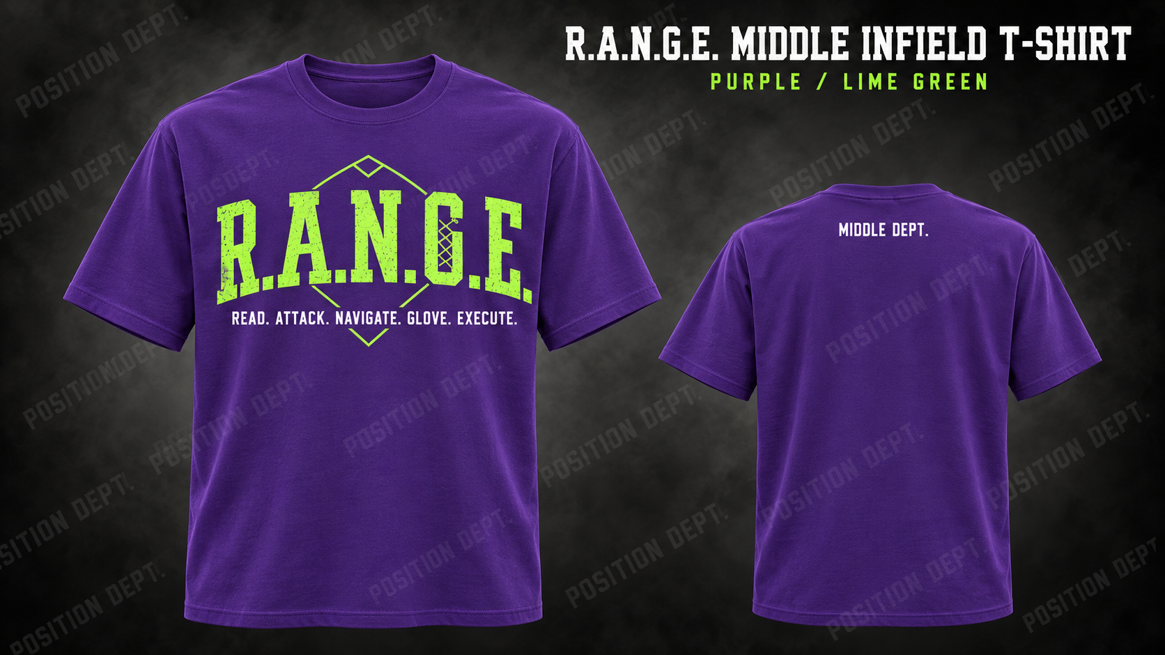 Position Dept. R.A.N.G.E. middle infield T-shirt in Purple / Lime Green, front and back views, baseball and softball leisure wear.