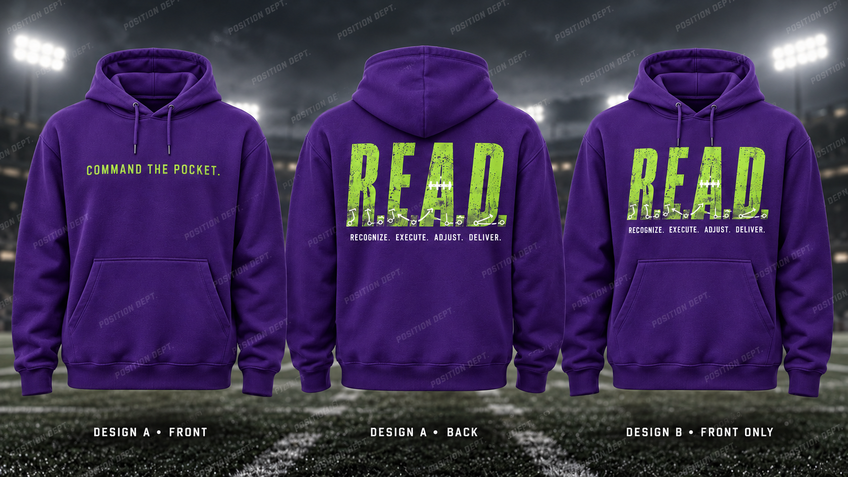 R.E.A.D. football hoodie in Purple / Lime Green, showing Design A slogan front and letter back, plus Design B front-only artwork.