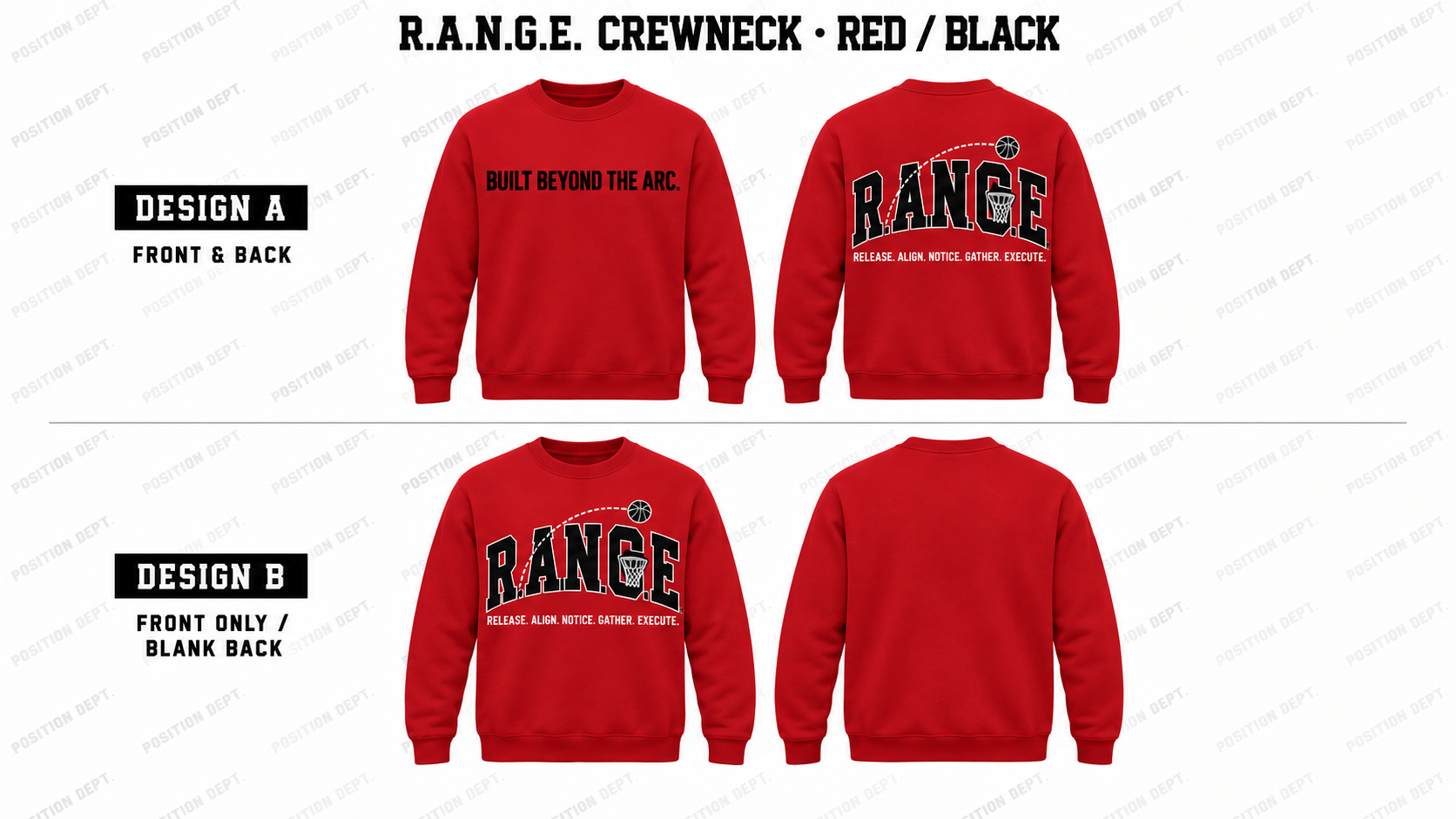 Position Dept. R.A.N.G.E. basketball crewneck in Red / Black, Design A front and back and Design B front-only with blank back.