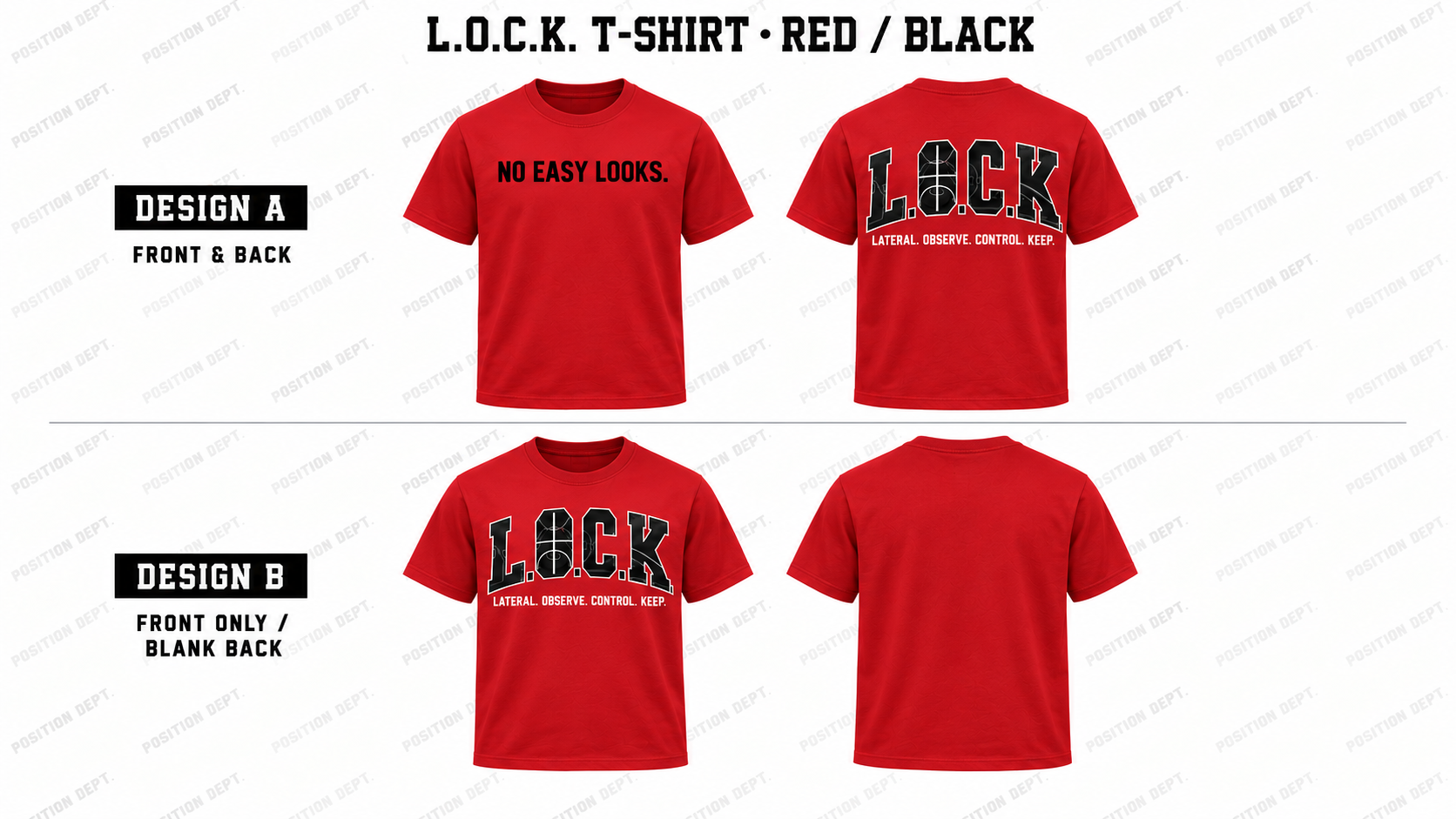 Position Dept. L.O.C.K. basketball T-shirt in Red / Black, Design A front and back and Design B front-only with blank back.
